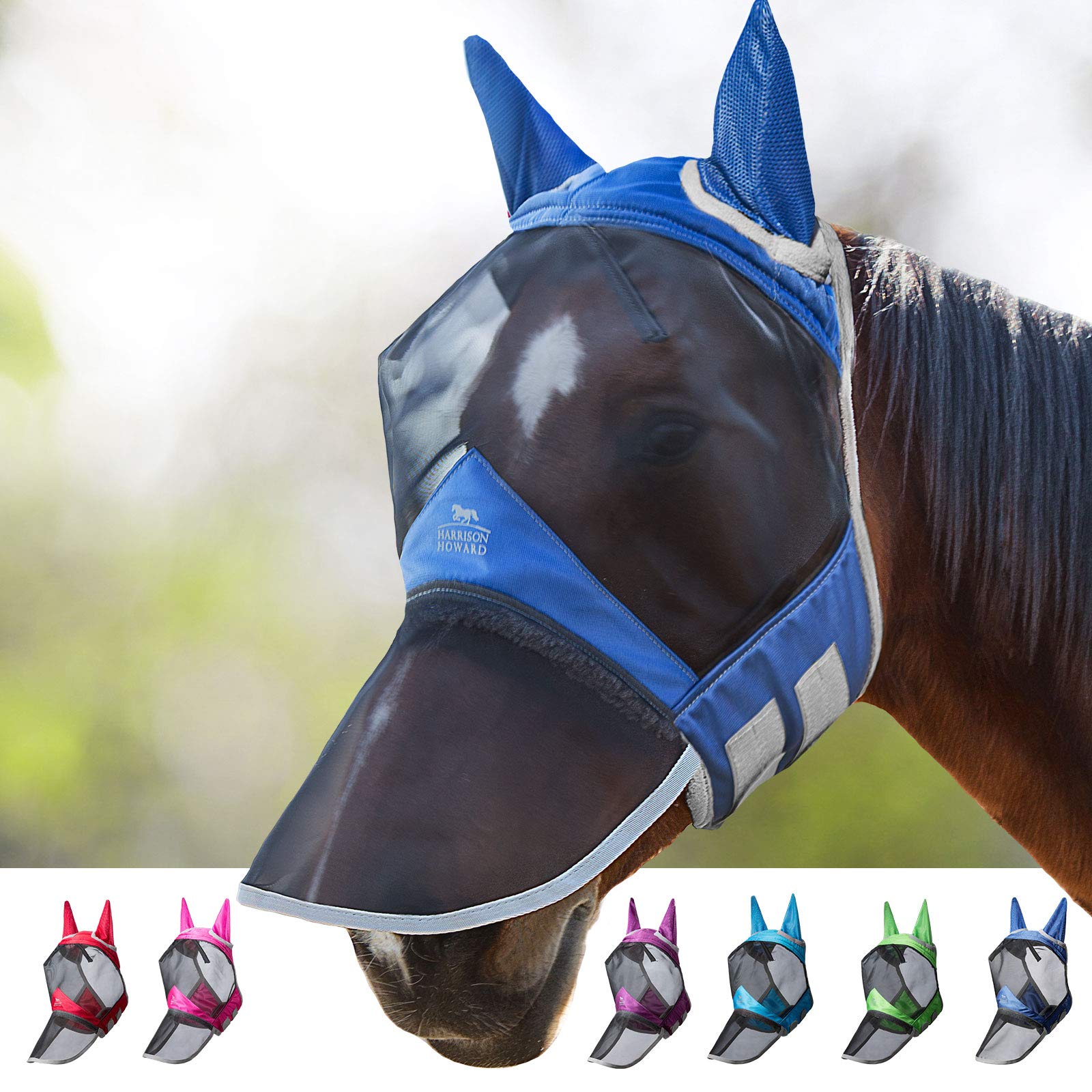 Harrison Howard CareMaster Pro Luminous Horse Fly Mask Large Eye Space Long Nose with Ears UV Protection for Horse Royal Blue L 