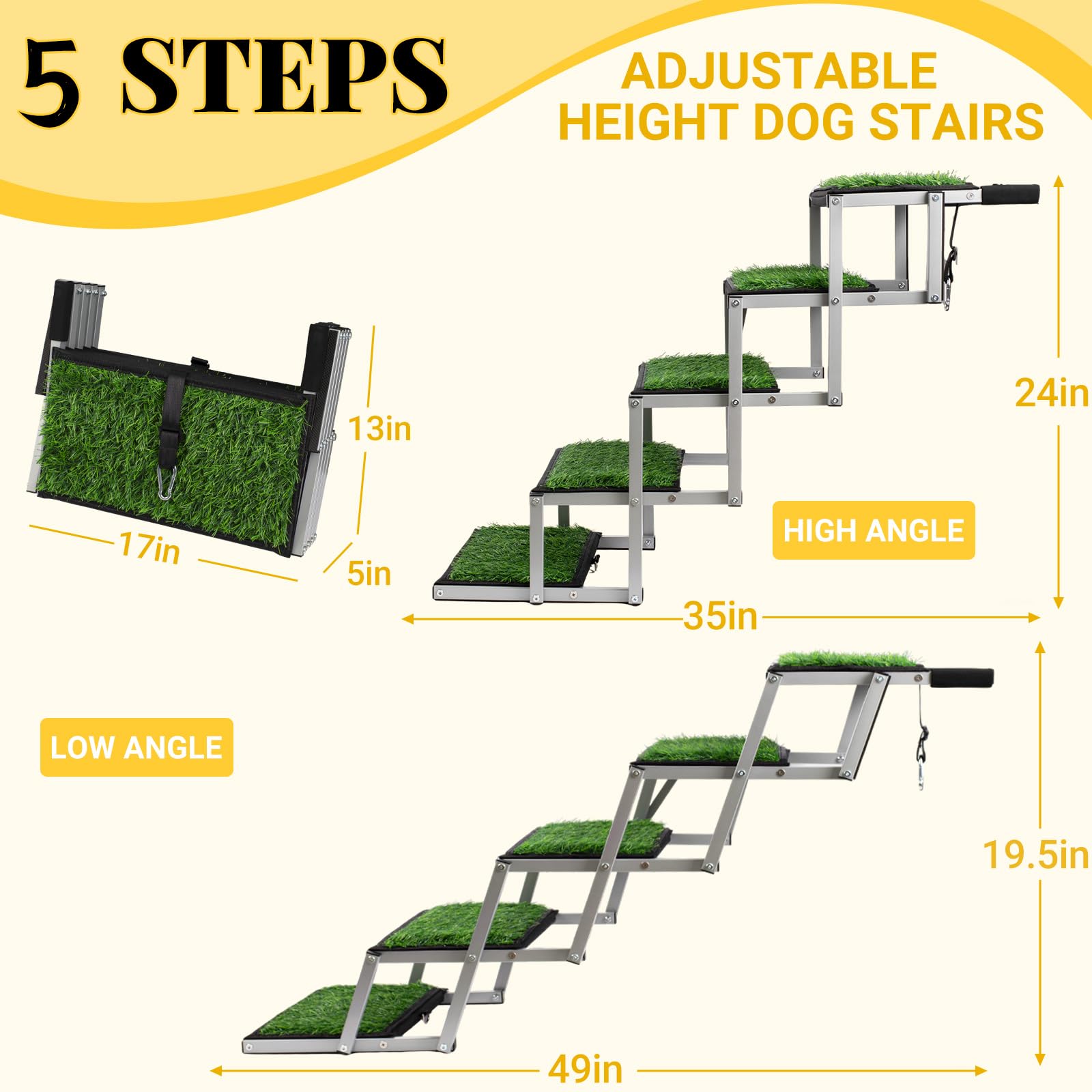 Dog Stairs For Car, Portable Folding Dog Ramps,Dog Steps For Large Dogs With Non-Slip Grass Rug For Cars, Suv, Trucks, Lightweig