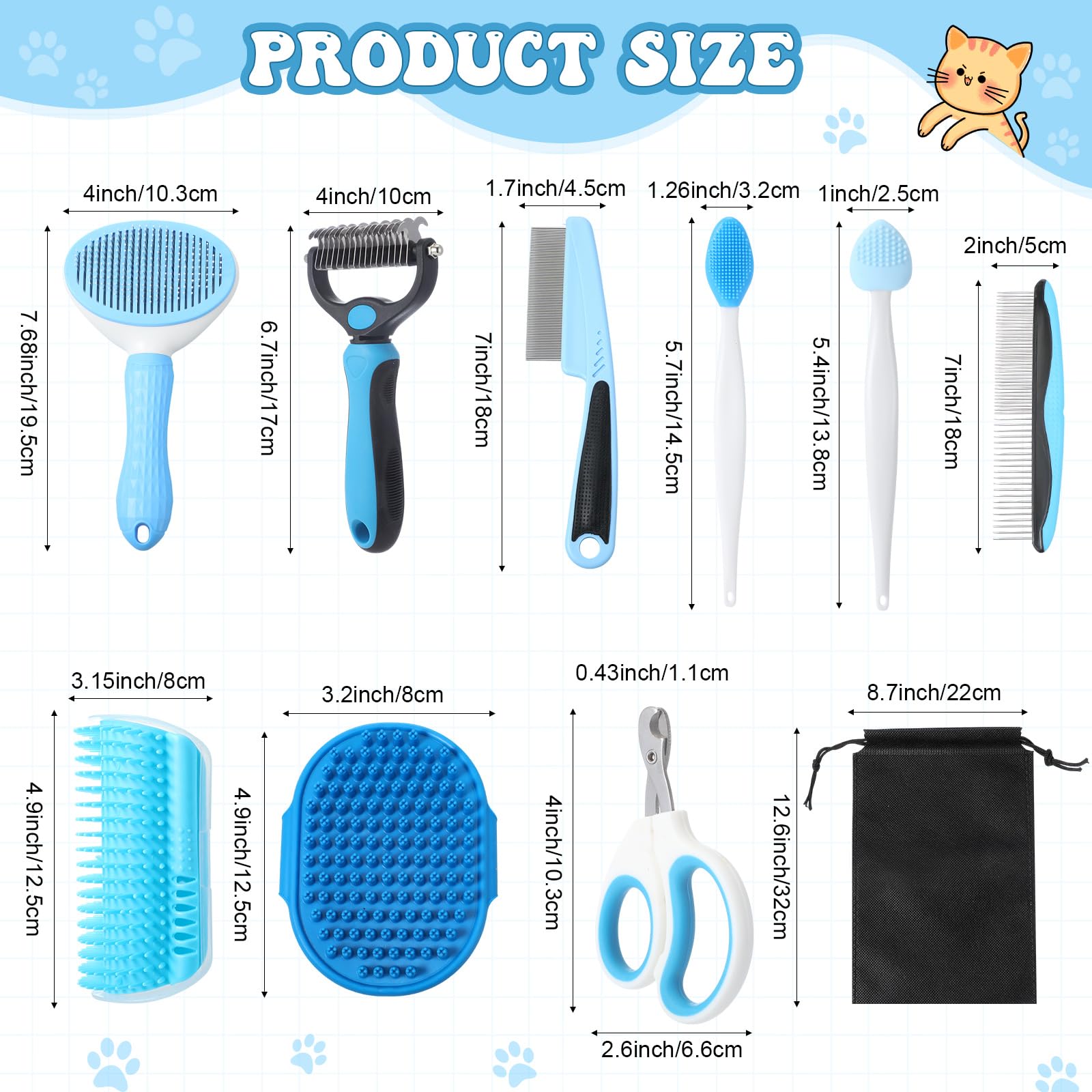 Teenyyou Cat Grooming Kit - 10Pcs Pet Self Cleaning Kit. Cat Brushes For Indoor Cats Pet Needle Comb Cat Nail Clipper Cat Nail T