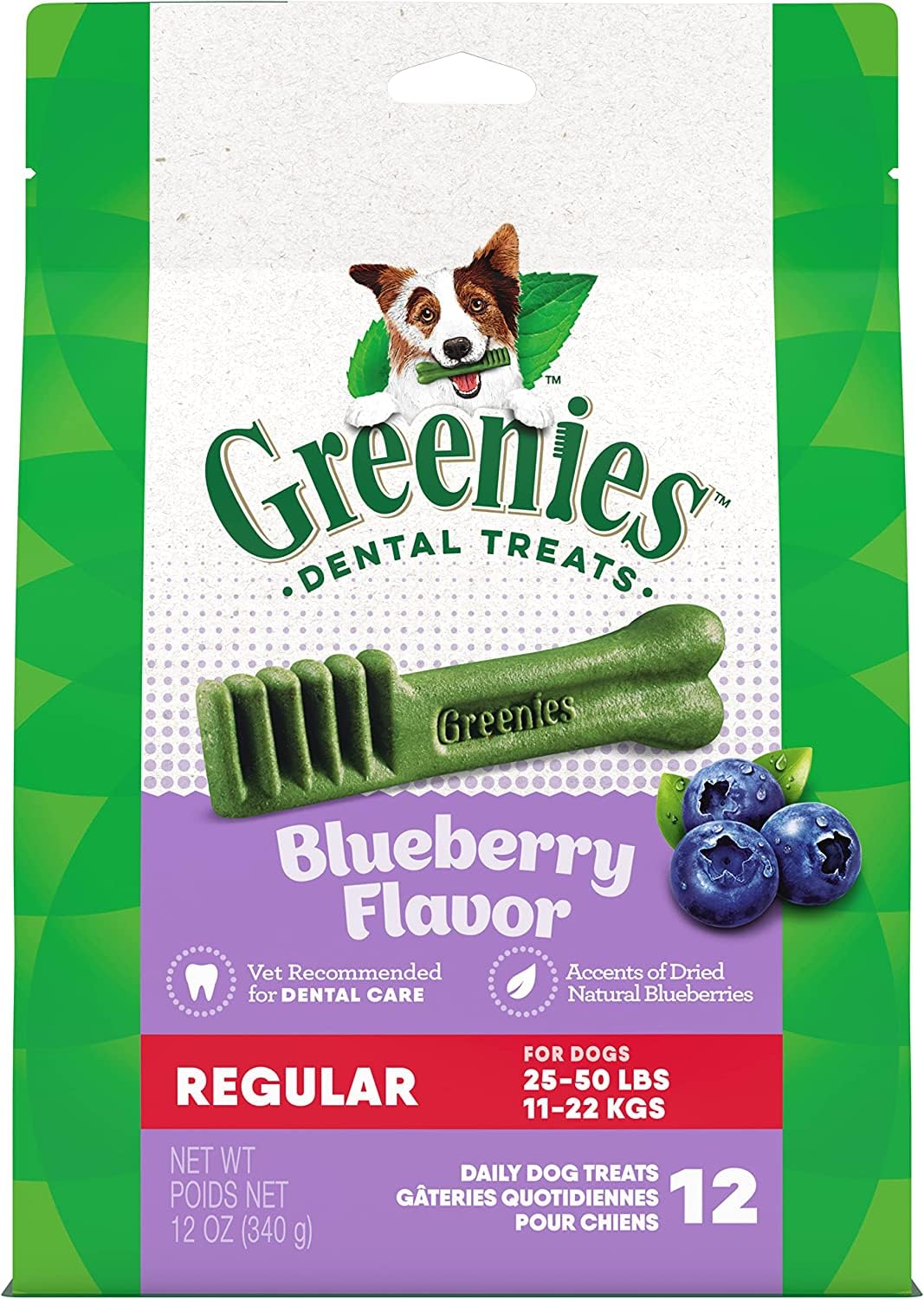 Greenies Bursting Blueberry Dog Dental Treat Regular Size 12 count  Pack of 3