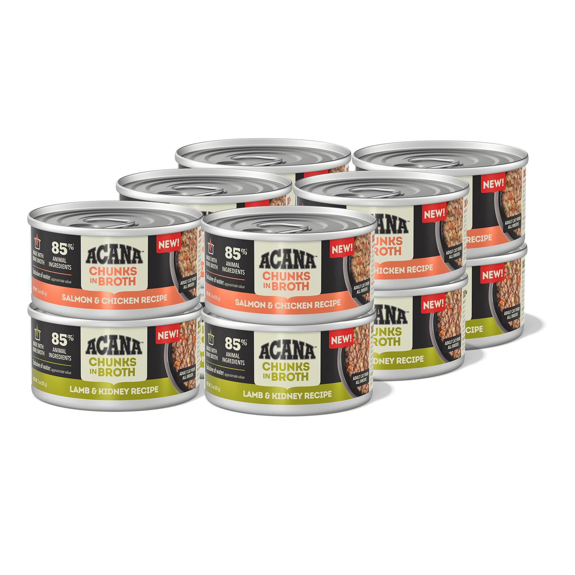 ACANA Chunks in Broth Wet Cat Food Variety Pack: Salmon & Chicken + Lamb & Kidney Recipes 3oz Cans (12 Count, 6 of Each)