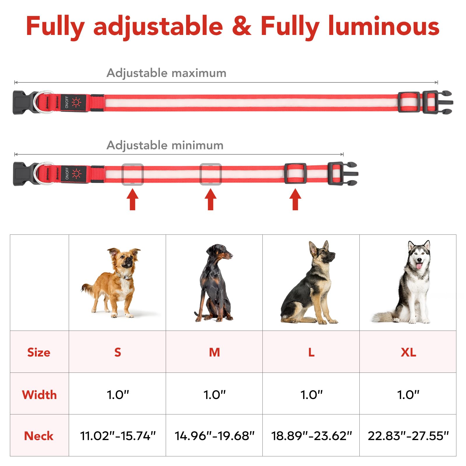 Vizpet Led Dog Collar, Light Up Dog Collar Adjustable Usb Rechargeable Super Bright Safety Light Glowing Collars For Dogs(X-Larg