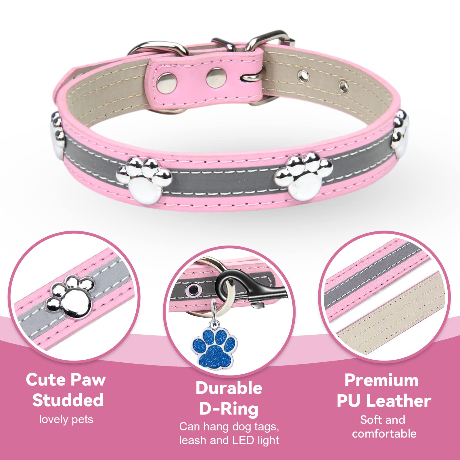Petcare Reflective Dog Collar With Cute Paw Rivet Studded Funny Soft Pu Leather Adjustable Puppy Dog Collars For Small Medium Large Dogs Cats (Pink,X-Large)