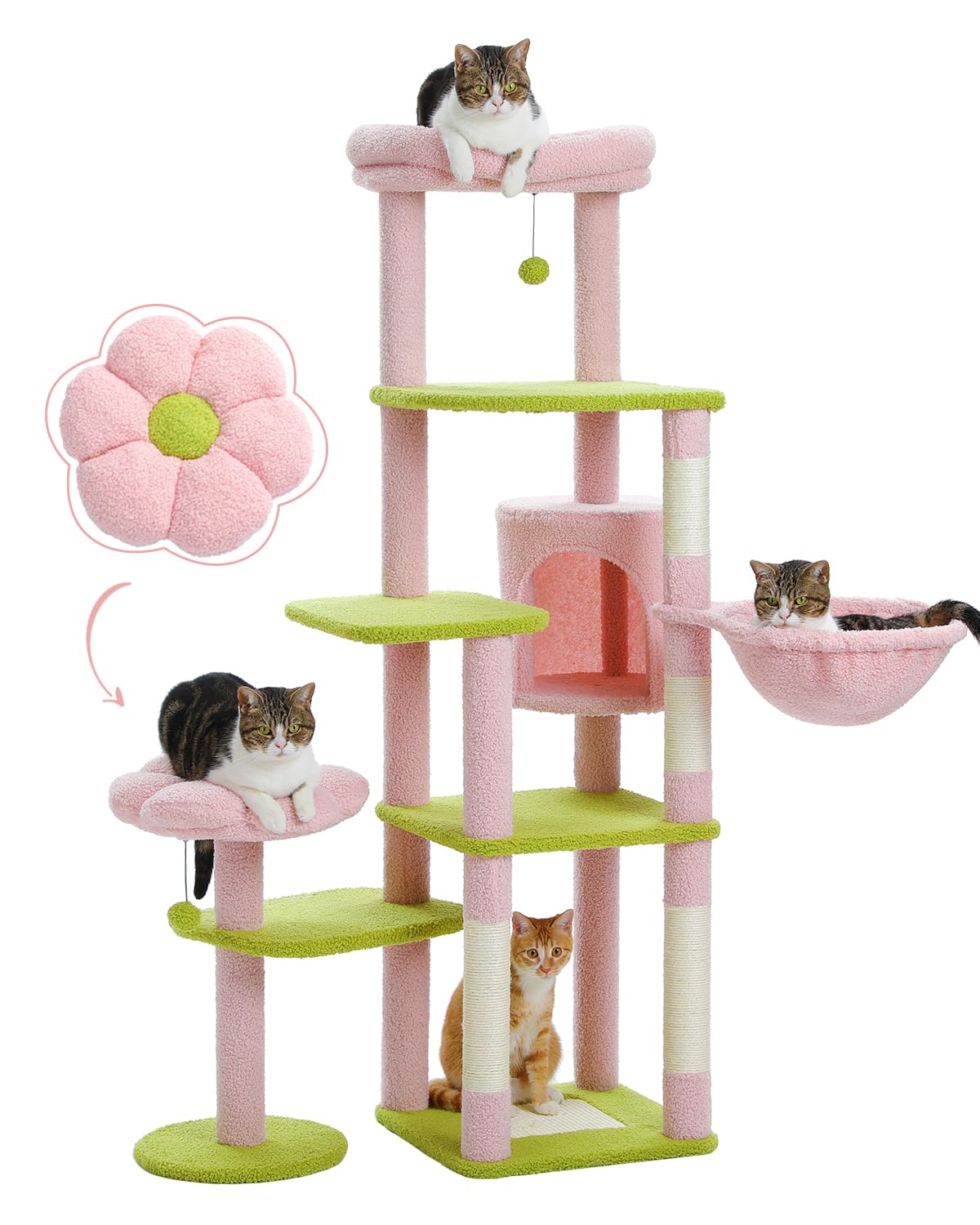 Muttros 59 Flower Cat Tree, Tall Cat Tree For Large Cat, Multi-Level Cat Tower, Cute Cat Tree For Indoor Cats, Cat Condo With 