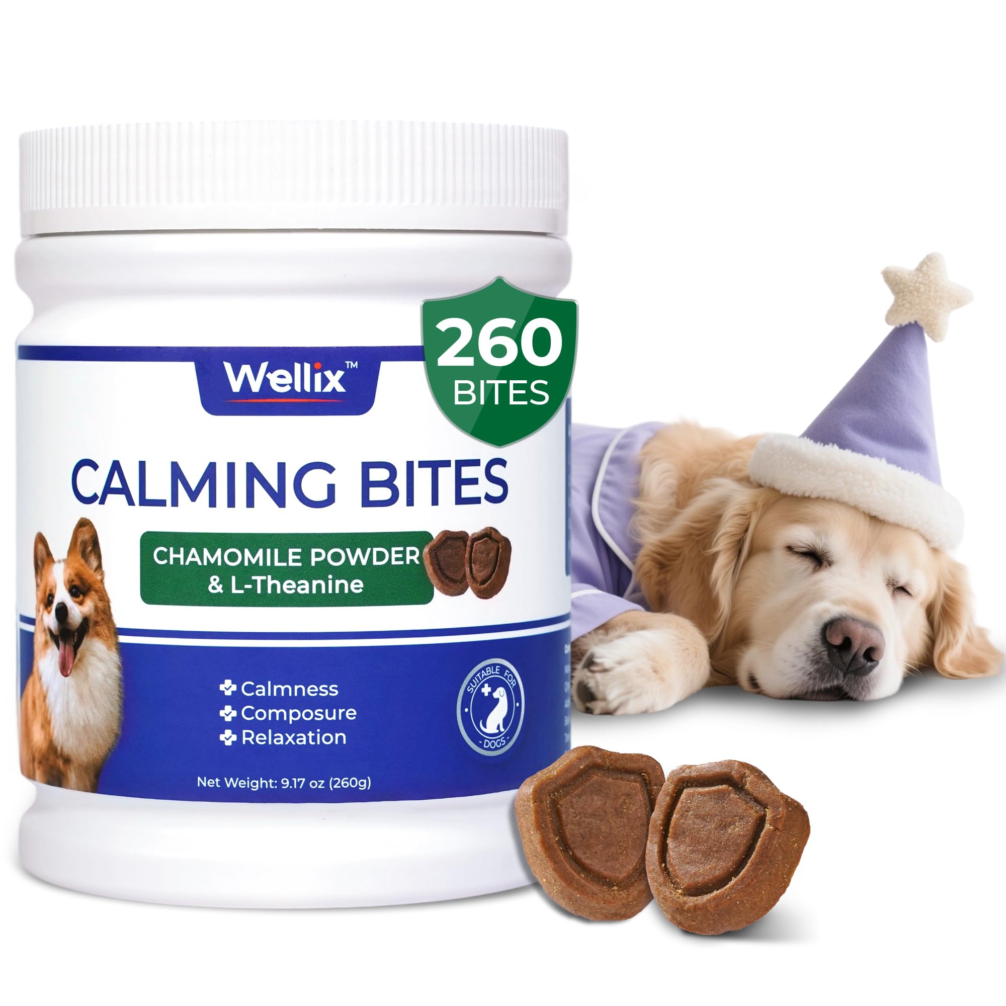 260 Bites Wellix Calming Chews for Dogs - Melatonin, L-Theanine, and Valerian Root - Calming Dog & Puppy, Relaxation, Thunder, F