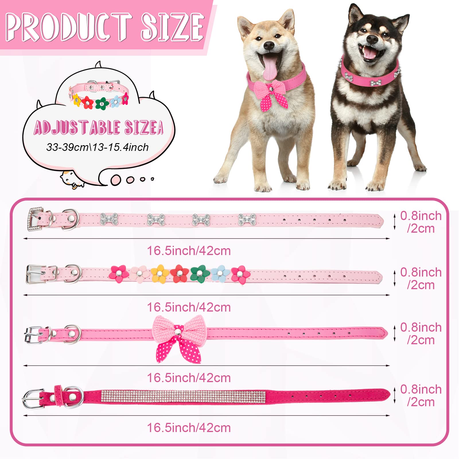 4 Pcs Pink Dog Collar Spiked Studded Dog Collars Pearls Dog Necklace Dog Collar With Rhinestone Bow Knot Crystal Diamond Colorful Flower Bling Girl Dog Cat Collars For Dogs(Novel Style,Medium)