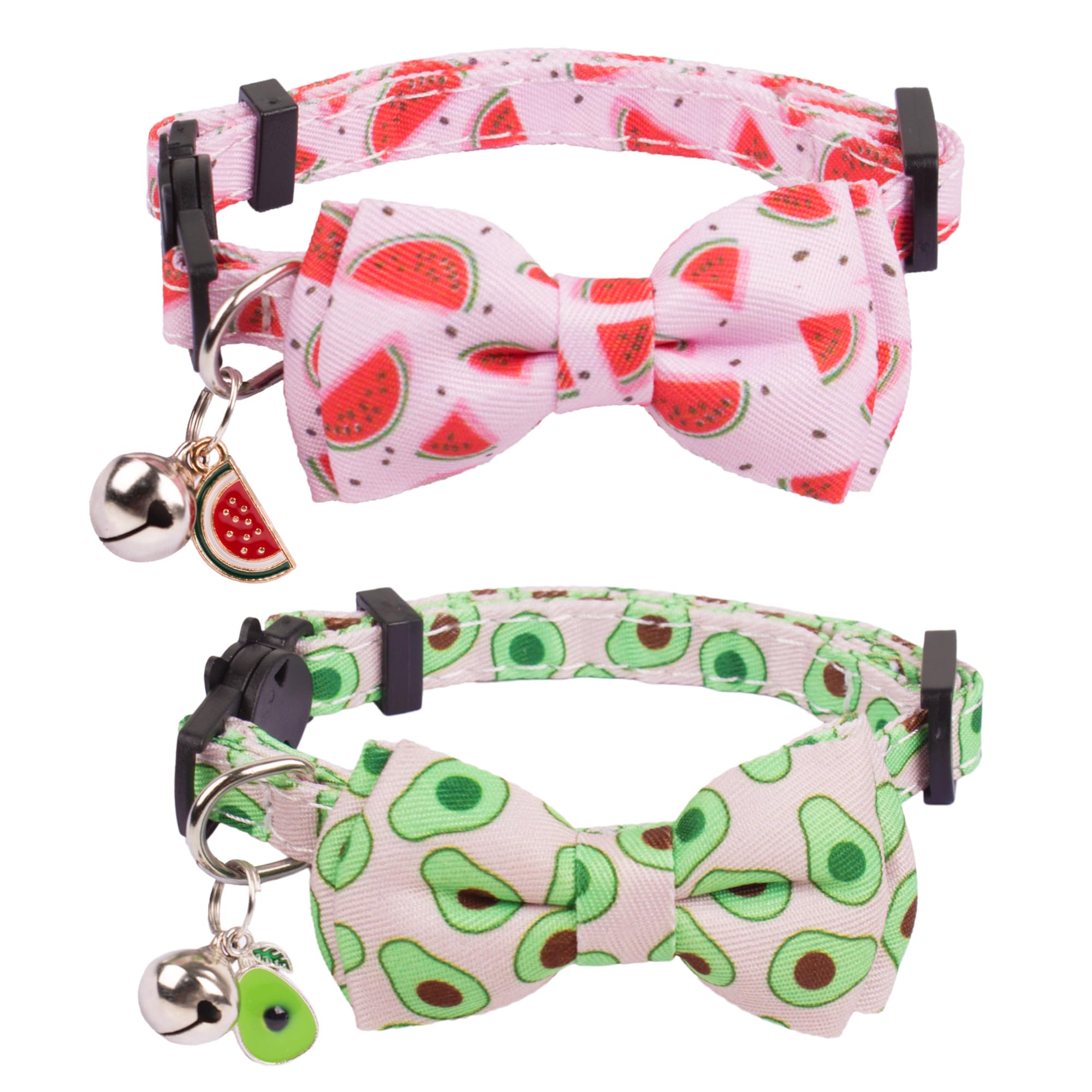 Adoggygo Cat Collar Breakaway With Cute Bow Tie Bell - 2 Pack Watermelon Avocado Pet Collars With Removable Bowtie Fruit Bowtie 