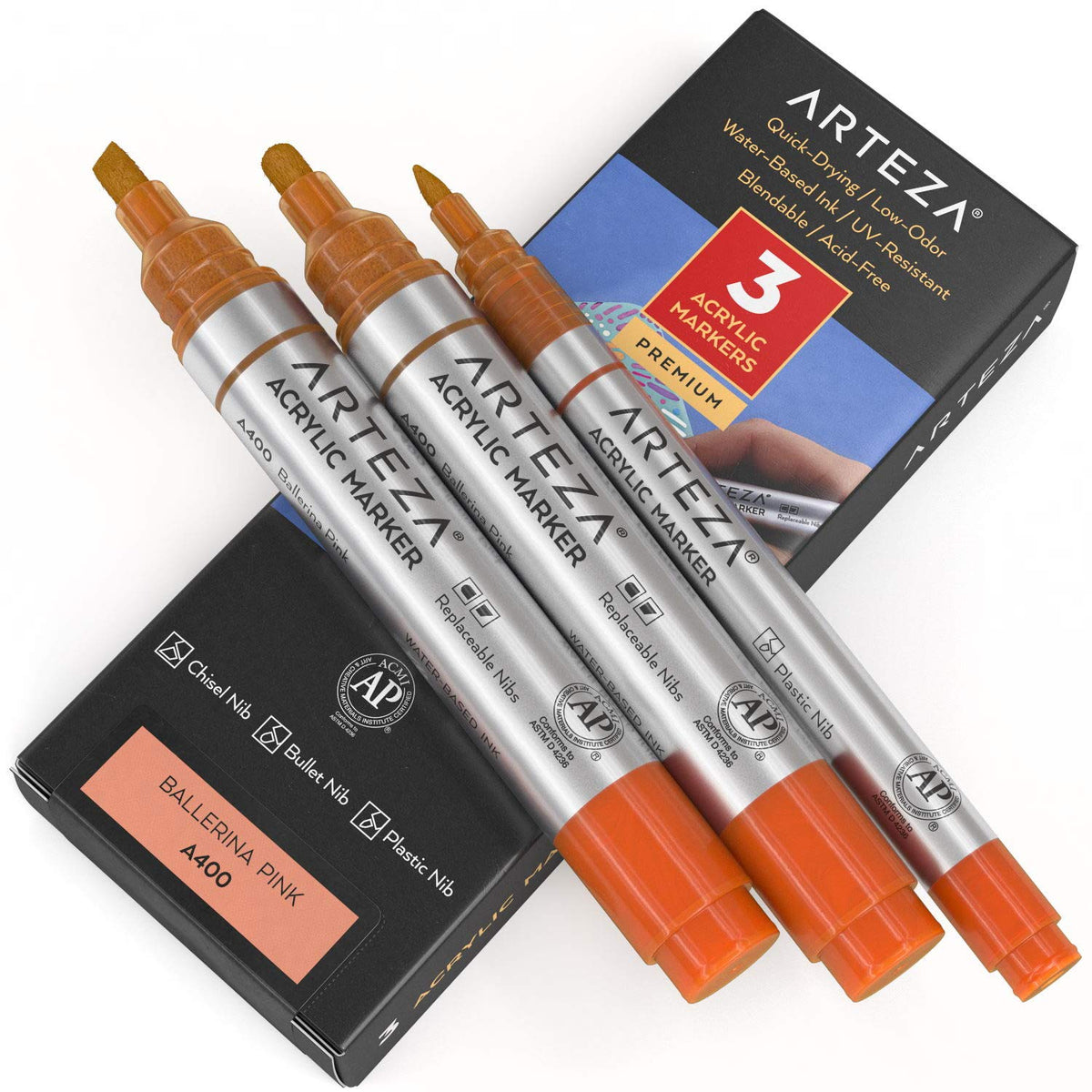 Arteza Acrylic Paint Markers, Pack Of 3, A400 Ballerina Pink, 1 Thin And 2 Thick (Chisel  Bullet Nib) Acrylic Paint Pens, For Me