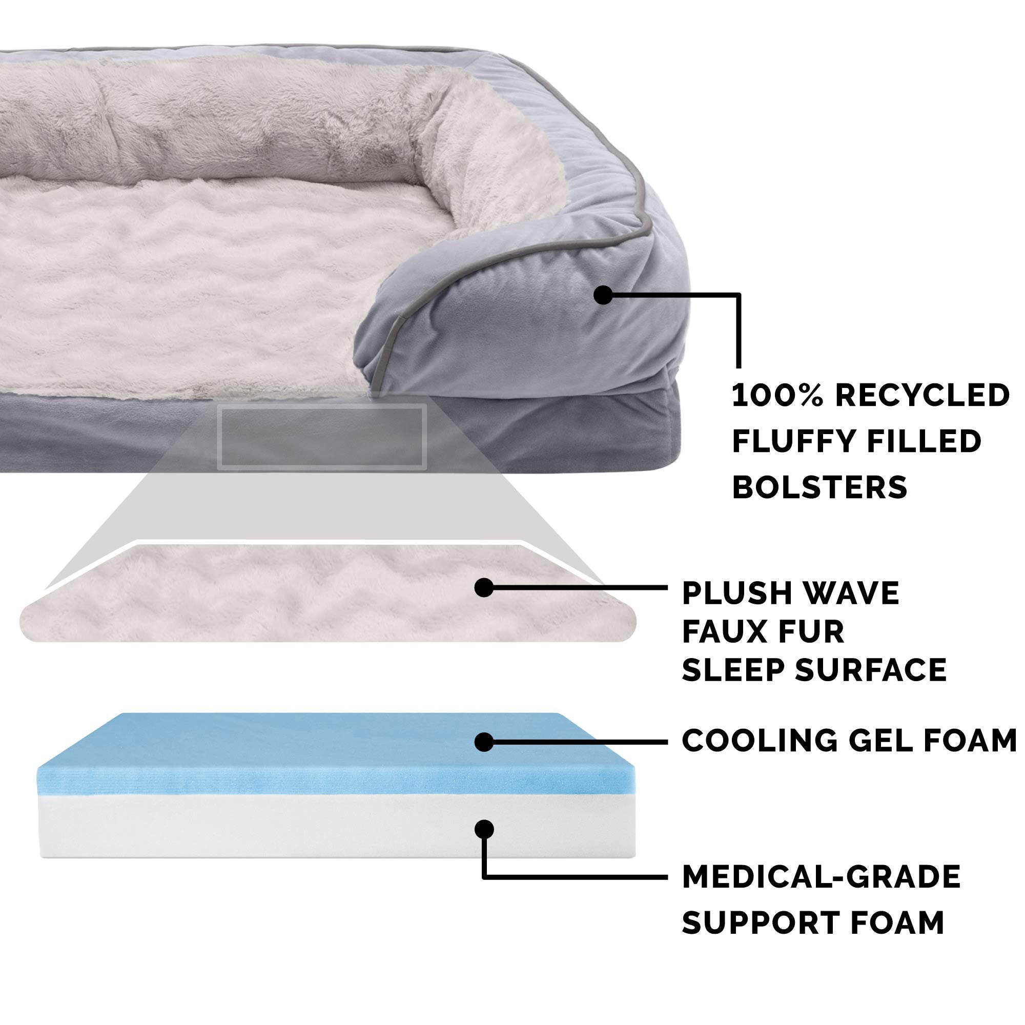 Furhaven Cooling Gel Dog Bed for Large Dogs w/ Removable Bolsters & Washable Cover, For Dogs Up to 125 lbs - Plush & Velvet Wave