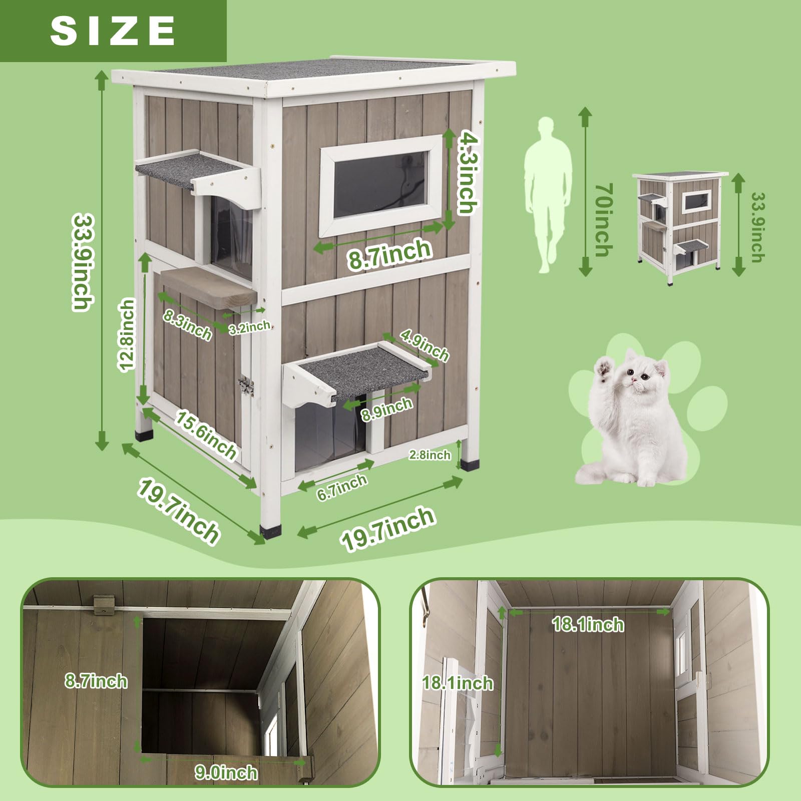 Magazoopet Outdoor Cat House Weatherproof, Two Story Wooden Feral Cat House Shelter With 3 Escape Door, Outside Cat Condo For Sm