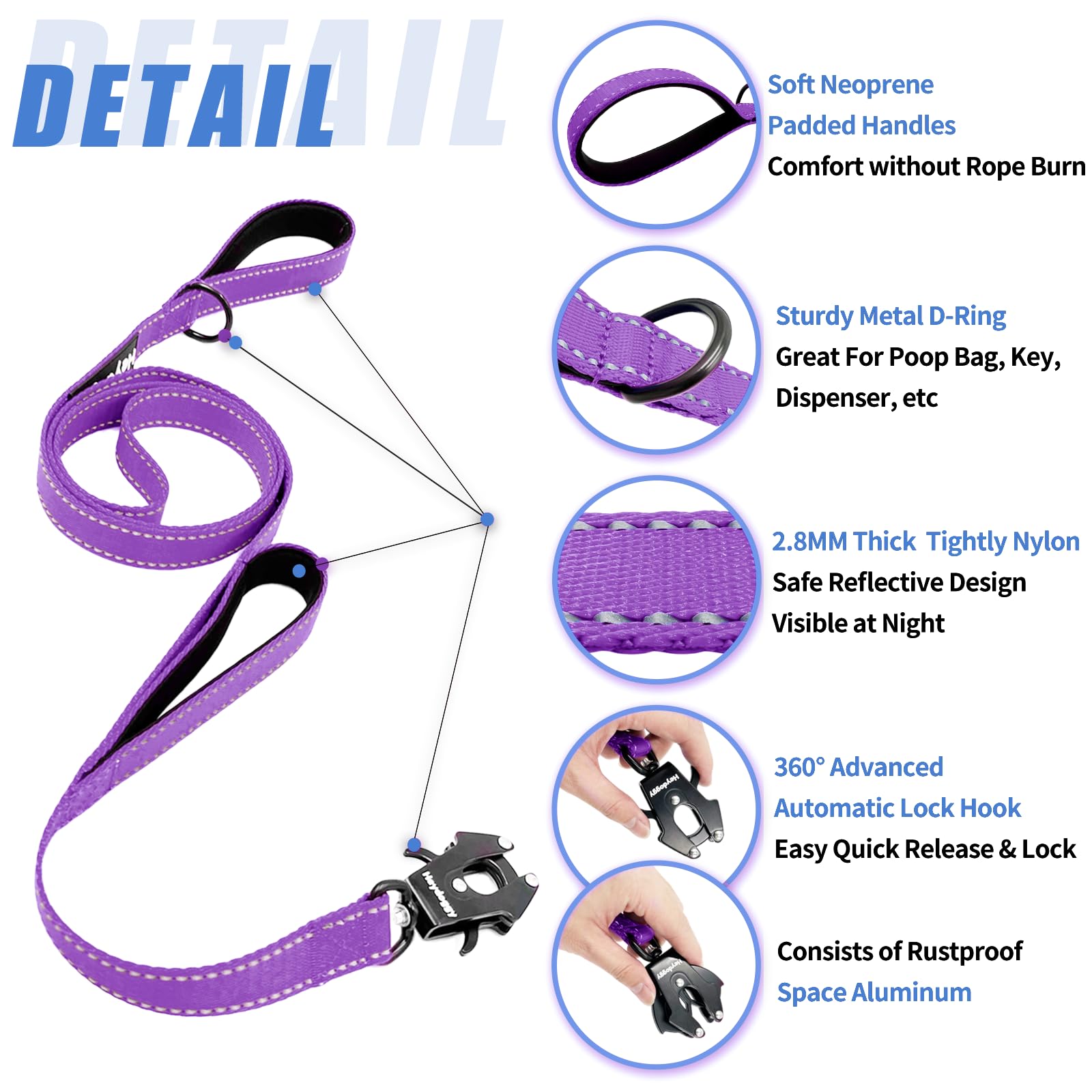 Strong Heavy Duty Dog Leash - 5Ft Reflective Nylon Training Leash With Soft Padded Double Handle & Auto Lock Frog Clip, Safety T