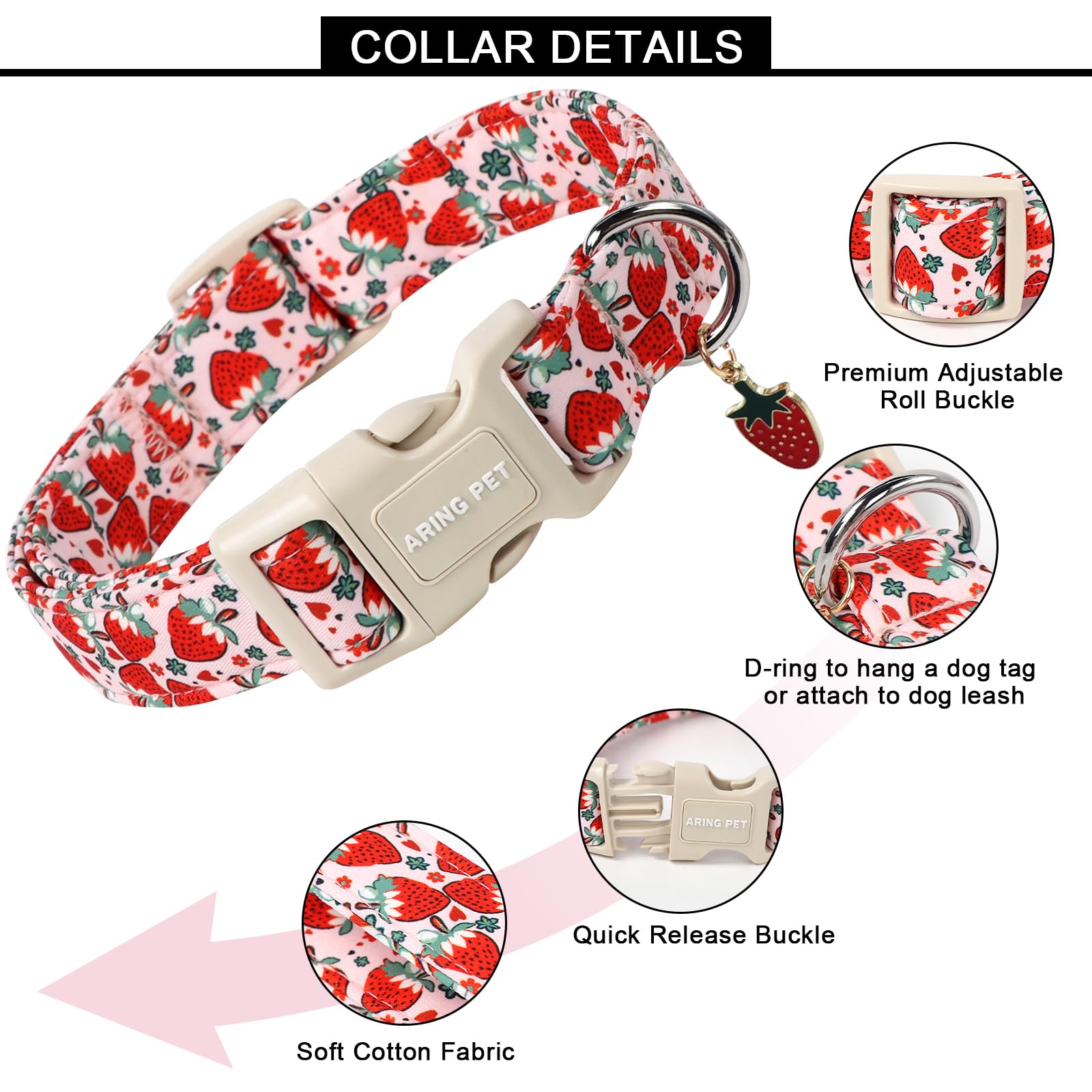 Aring Pet Strawberry Dog Collar-Cute Spring Pink Dog Collars, Adjustable Strawberry Print Pet Collars Puppy Collar With Quick Re