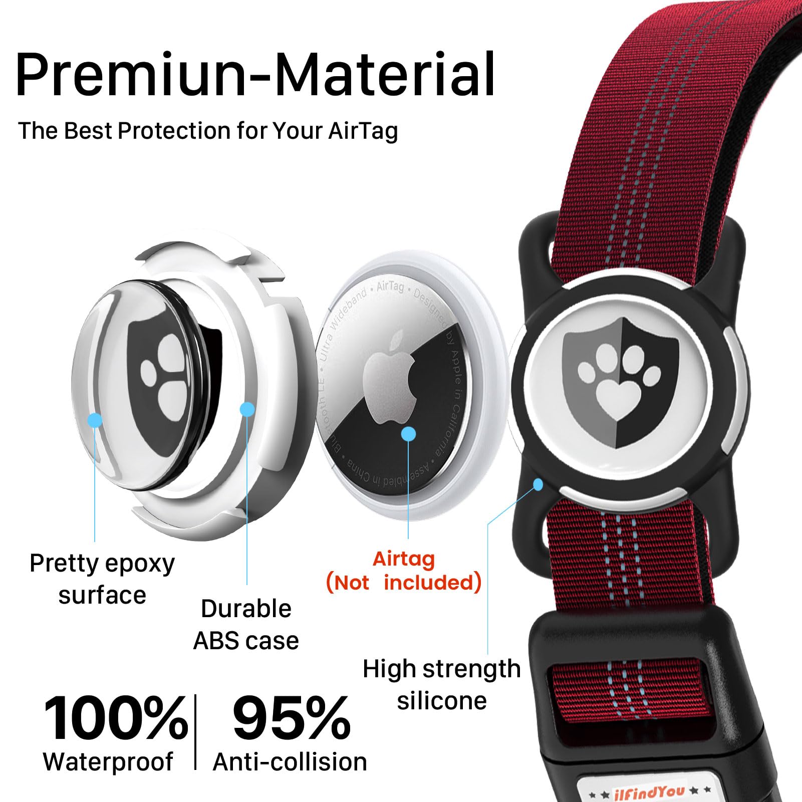 Ilfindyou Reflective Dog Collar With Airtag Holder For Medium Dogs Soft Nylon Burgundy Sized M