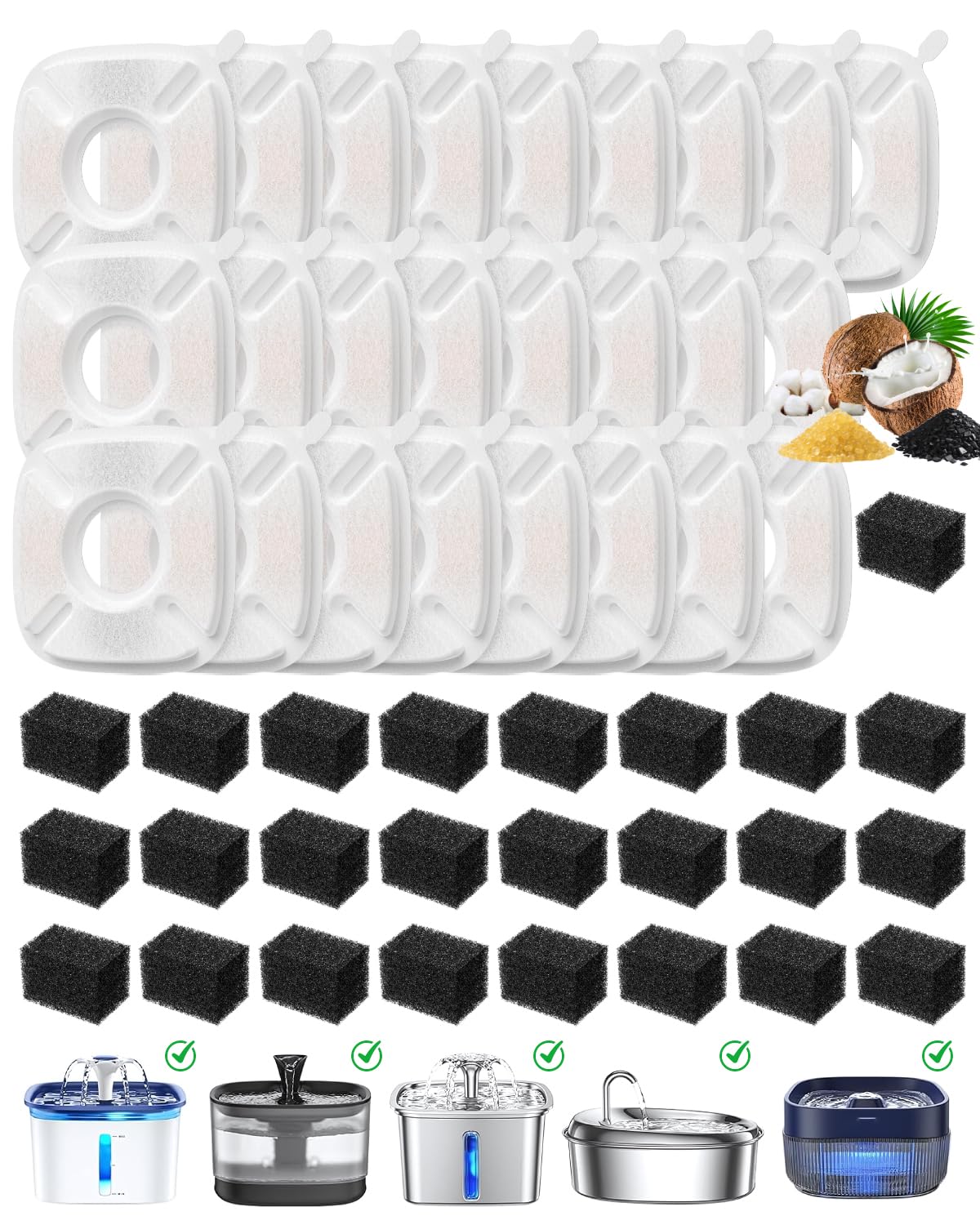 50 Pcs Cat Water Fountain Filters for Veken 95oz/2.8L, 67oz, 85oz, 135oz Dog Water Fountain Automatic Pet Fountain Dog Water Dis