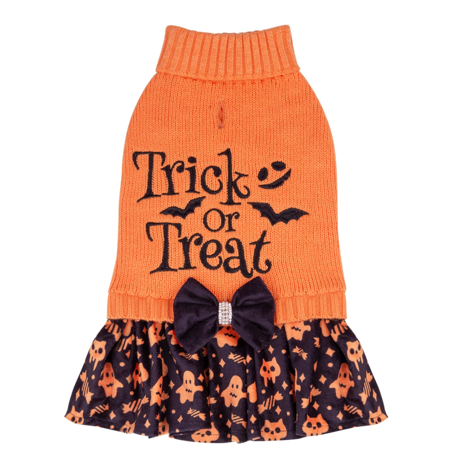 Cutebone Halloween Dog Sweater Dress Trick Or Treat Knit Turtleneck Puppy Sweater With Bowtie Harness Hole Pullover Winter Dress