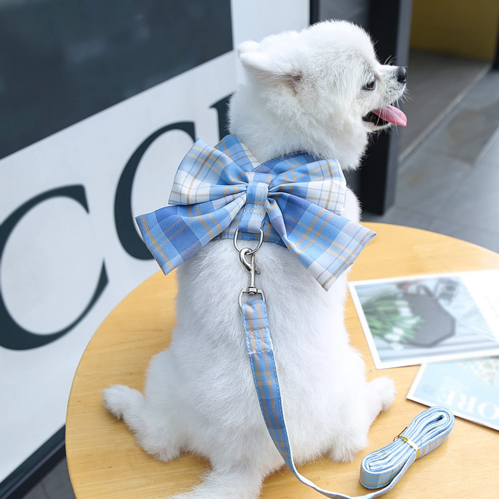 Shekako Dog Harness And Leash Setcute Bow Tie Plaid Harnesses For Puppy Catadjustable Pet Kitties Vestbreathable Harnesstraction