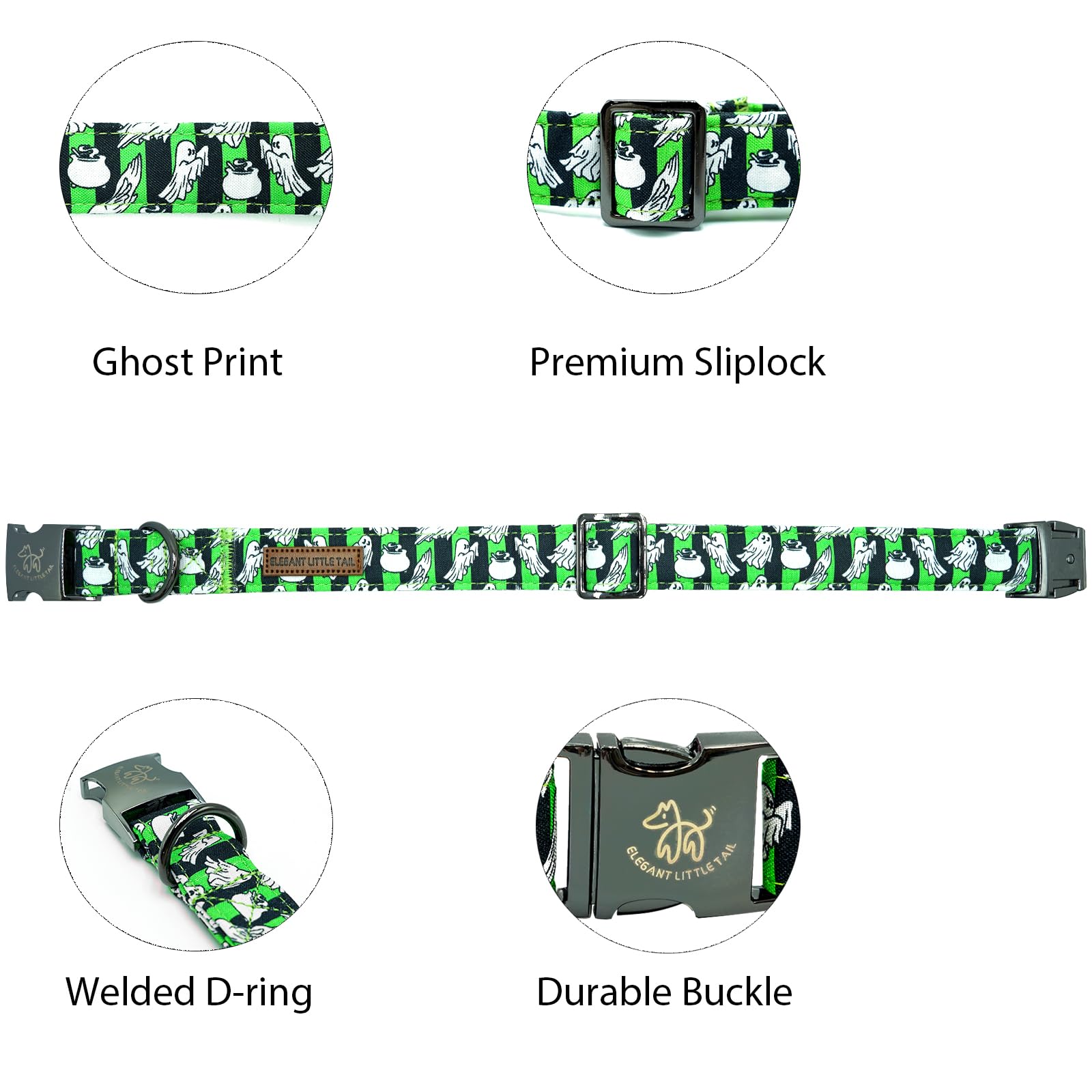 Elegant Little Tail Dog Collar For Halloween - Ghost Pet Collar, Green Boy Puppy Collar, Cotton With Metal Buckle, Adjustable Fo