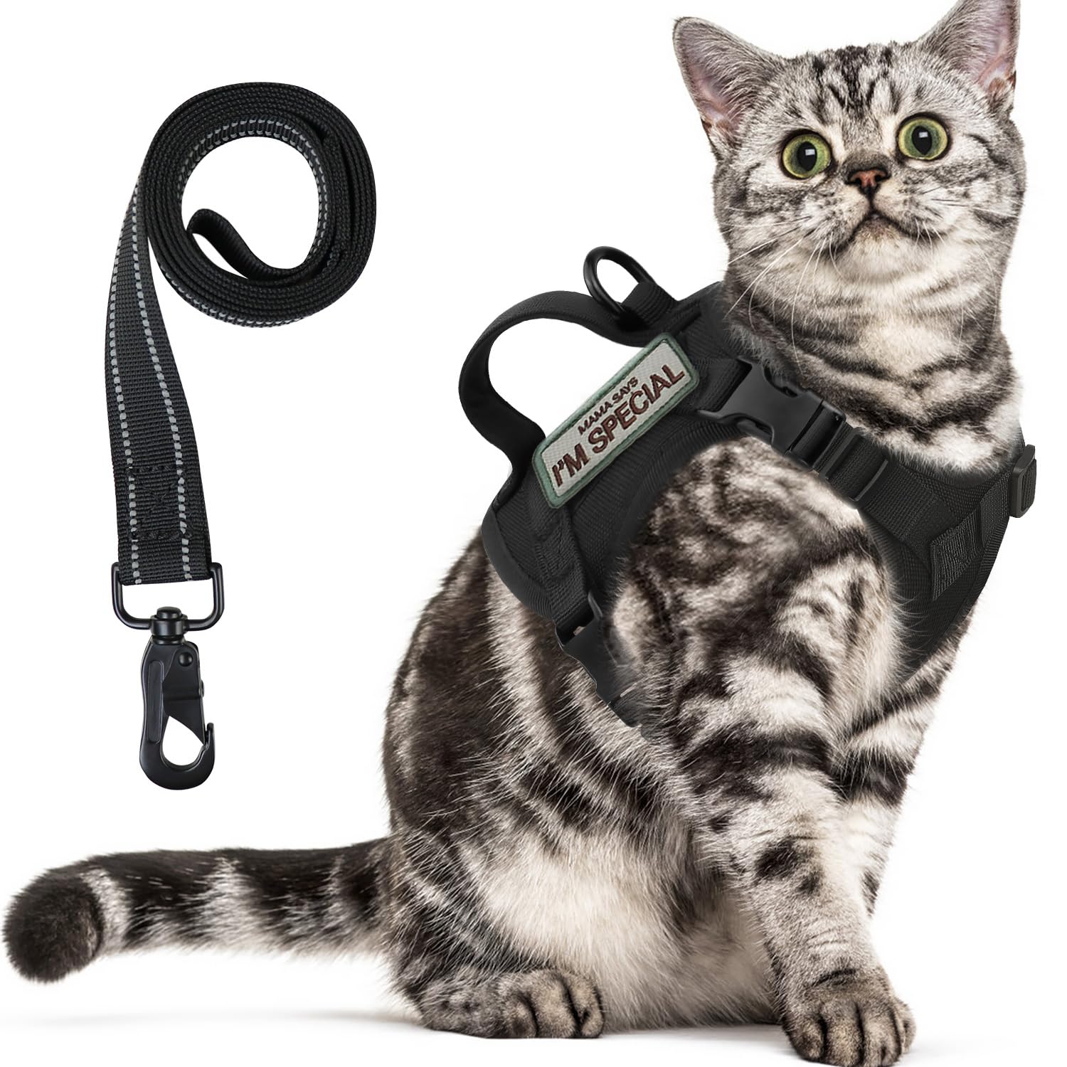 Tactical Cat Harness For Walking Escape Proof, Soft Mesh Adjustable Pet Vest Harness For Large Cat, Small Dog And Khaki (Black, 