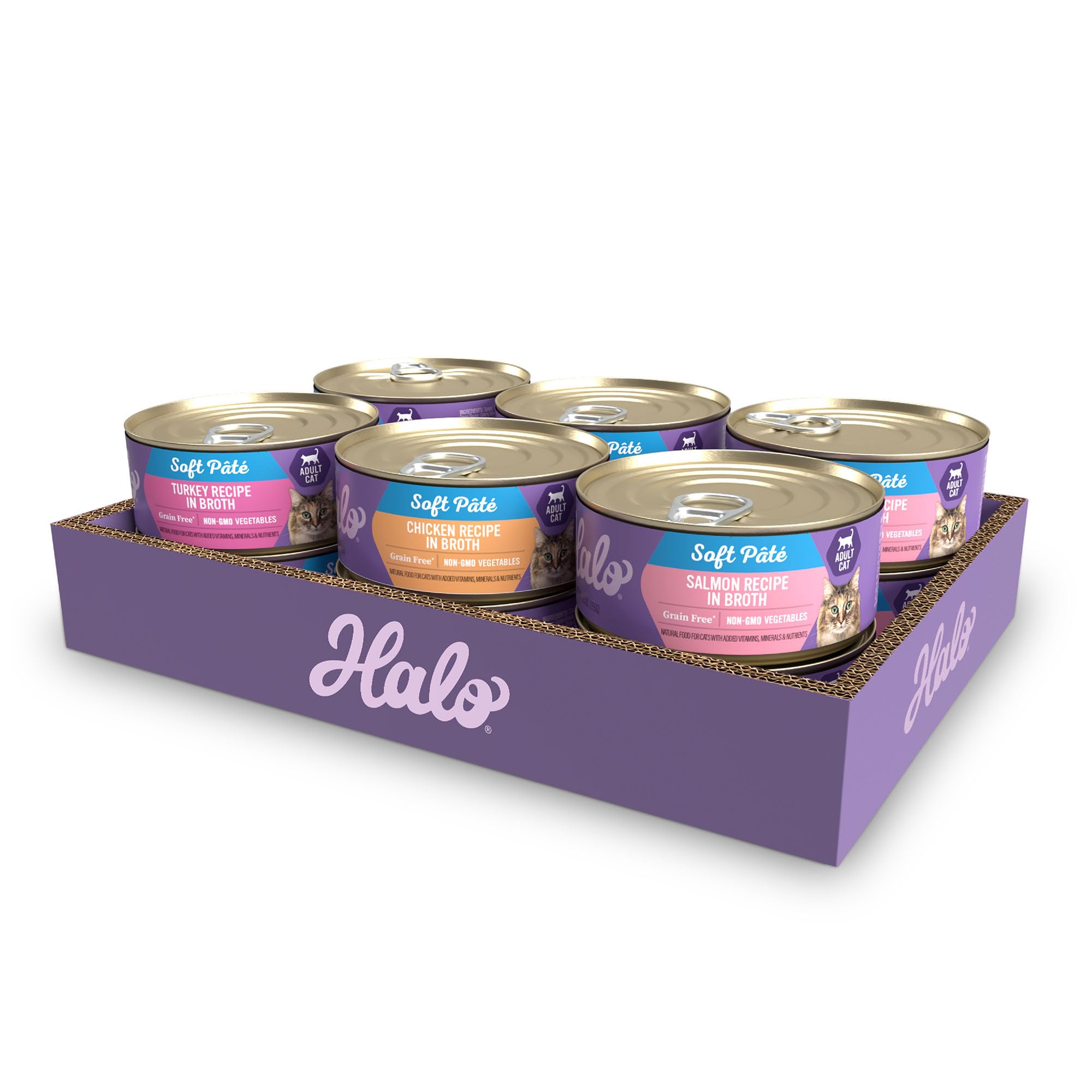 Halo Wet Cat Food Variety Pack, Grain Free Three Canned Wet Cat Pate, Chicken Stew, Salmon Stew & Turkey Stew, 5.5 Oz Can (Pack 