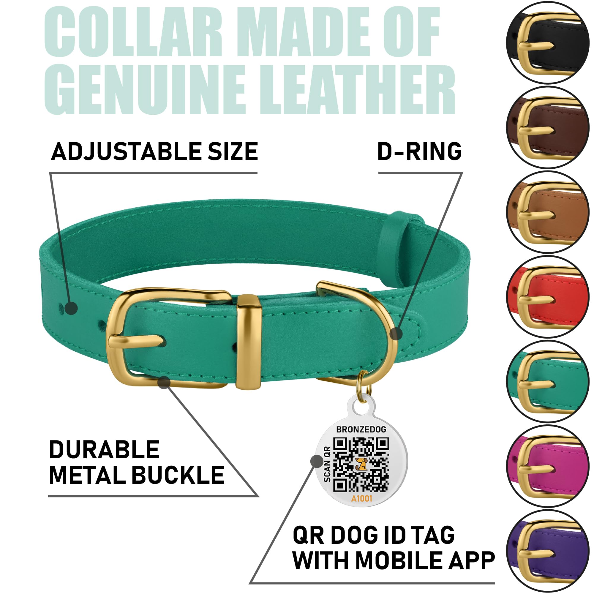 Bronzedog Leather Dog Collar With Qr Id Tag Basic Pet Collars For Small Mini Dogs Cats Puppies (7-9 Inch (Pack Of 1), Green & Gold Buckle)