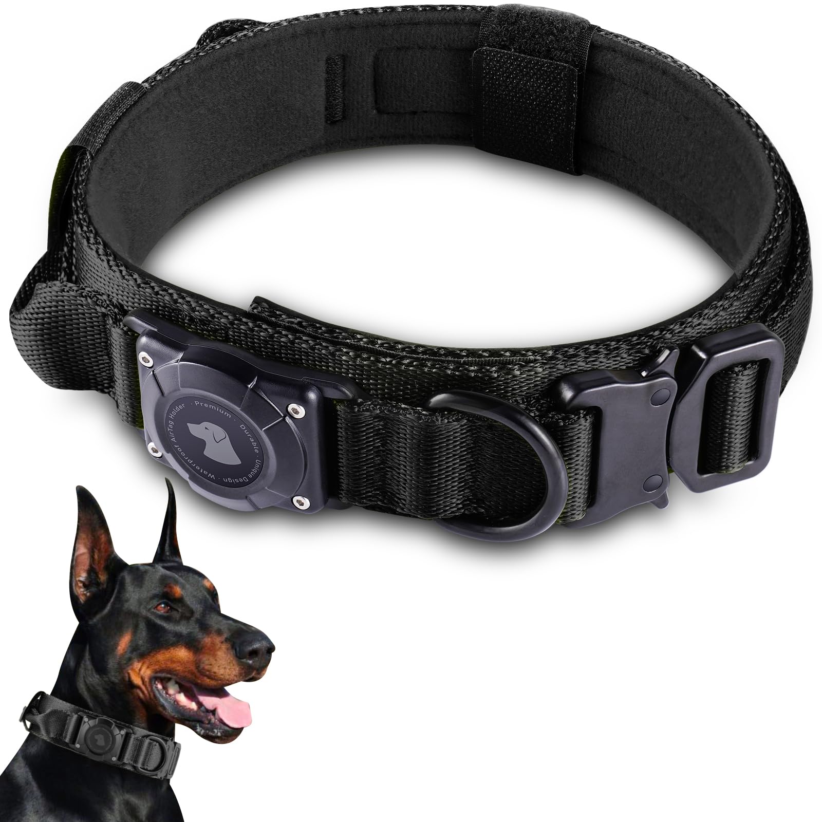 2025 Upgrade Waterproof AirTag Dog Collar, Military Tactical Dog Collar with AirTag Holder, Comfortable Control Handle and Metal
