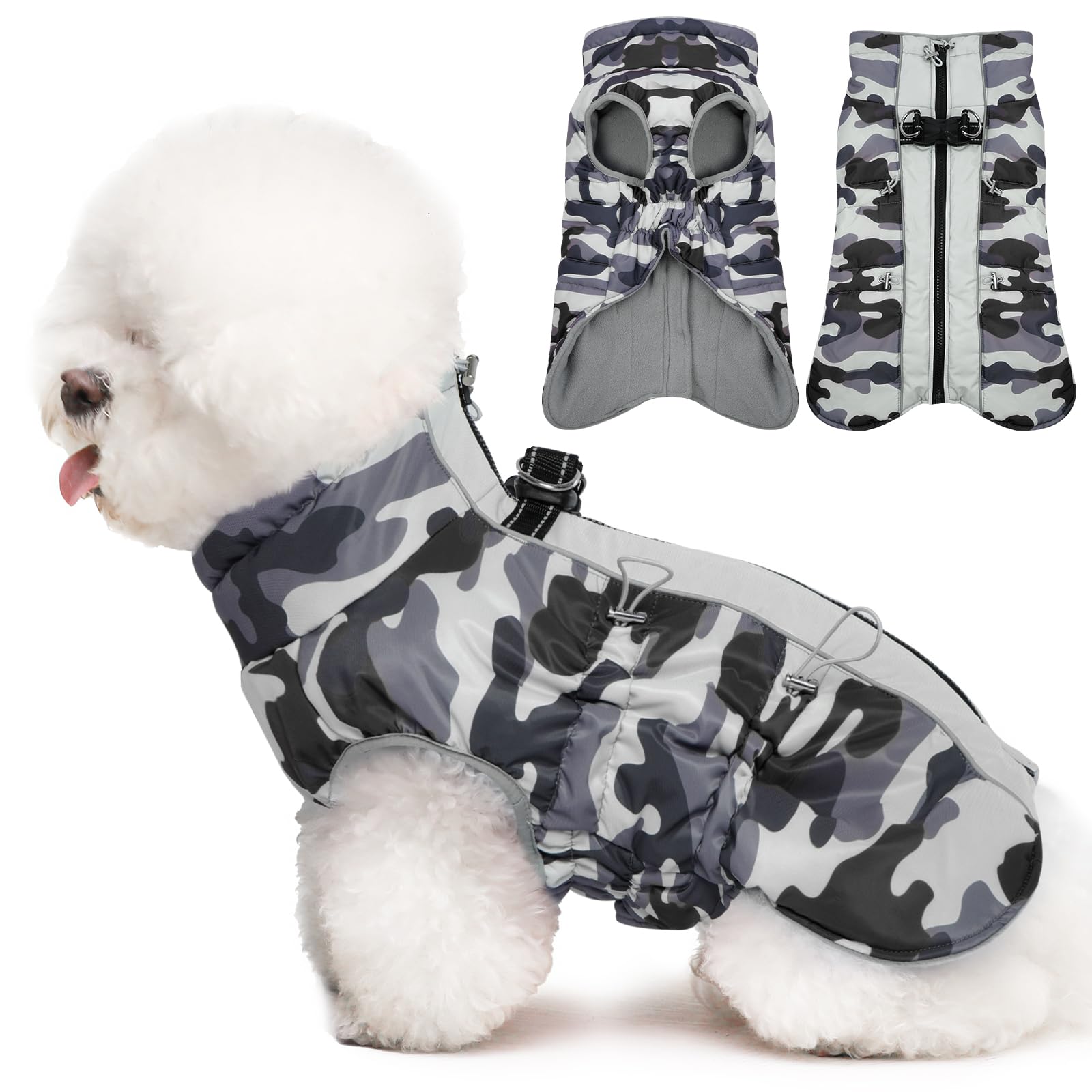 DawnPetco XS Winter Jacket, Dog Snowsuit Zip-Up Vest, Reflective Water-Resistant, Grey-Camouflage, for Chihuahua, Teacup & Puppy