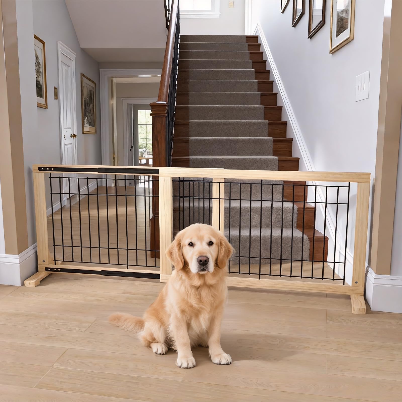 YOCAN Extra Wide Adjustable Dog Gate, 19.7" Tall, 31.5–61" Wide, Wood & Metal Frame, No Drill Pressure Mount, Black/Natural