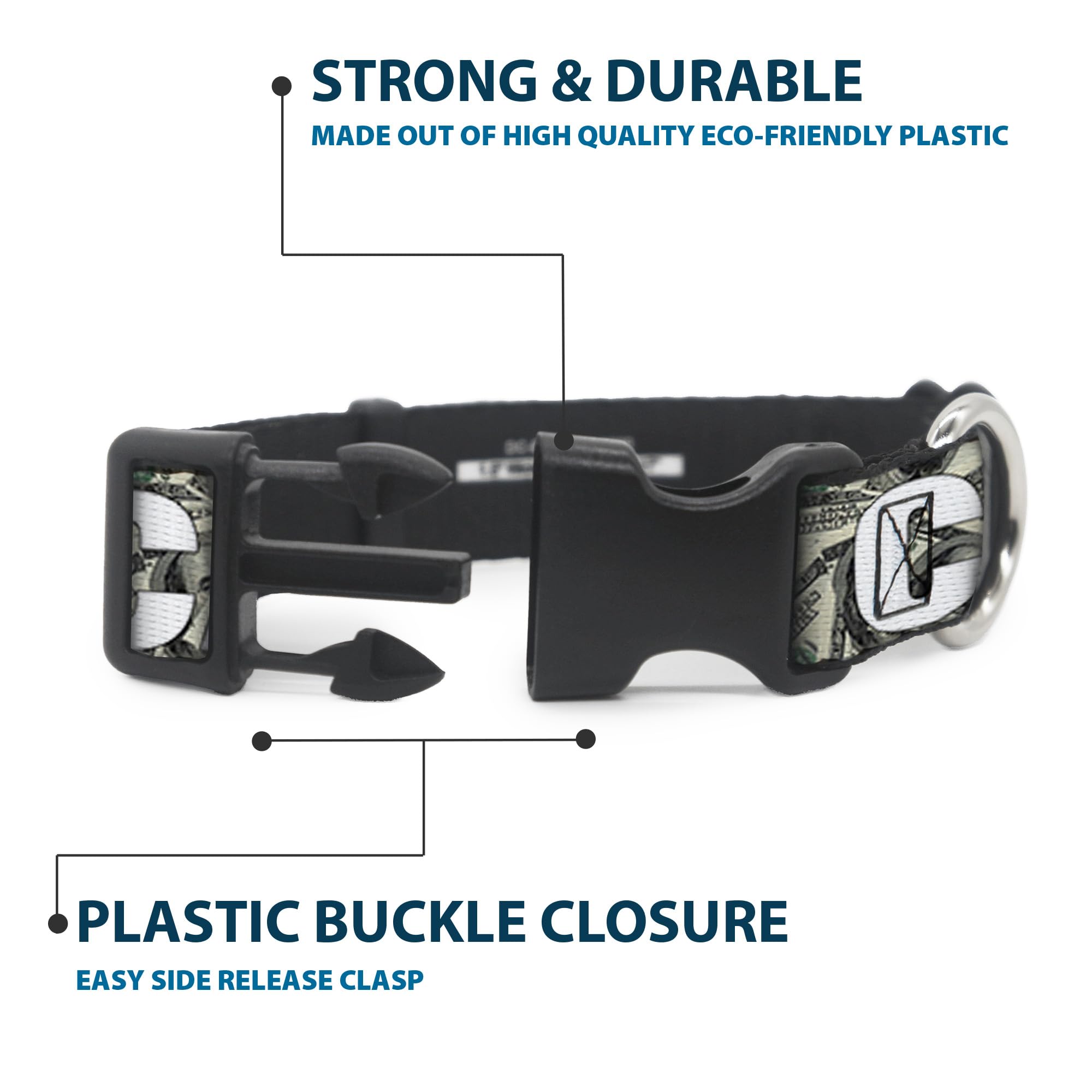 Buckle-Down 13-18' Cash Money $ Dollars/White Plastic Clip Collar, Wide Small