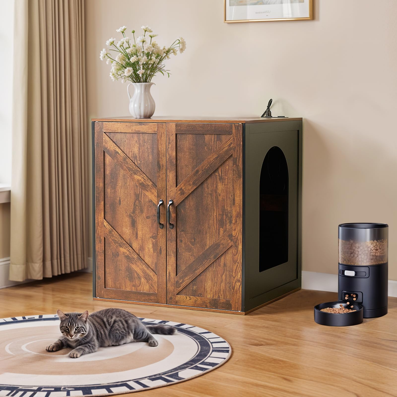 Cat Litter Box Enclosure, Automatic Large Litter Box Enclosure for 3/4, with DIY Removable Doors, Charge Station, Oak Wood