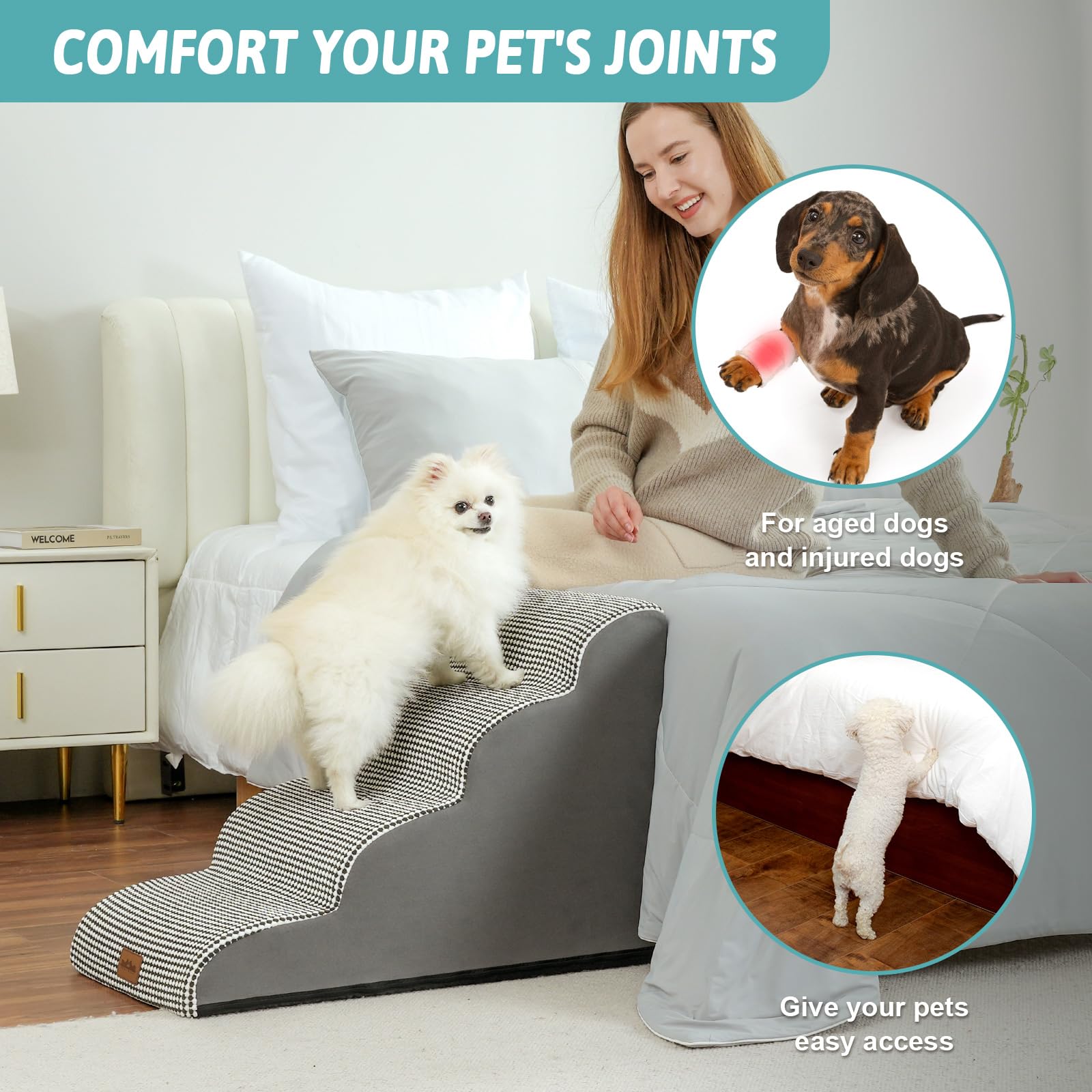 COZY KISS Dog Stairs - 4 Step High-Density Foam Ramp for Small Dogs, 19.7" H, White Black, Ideal for Sofa, Couch, or Bed