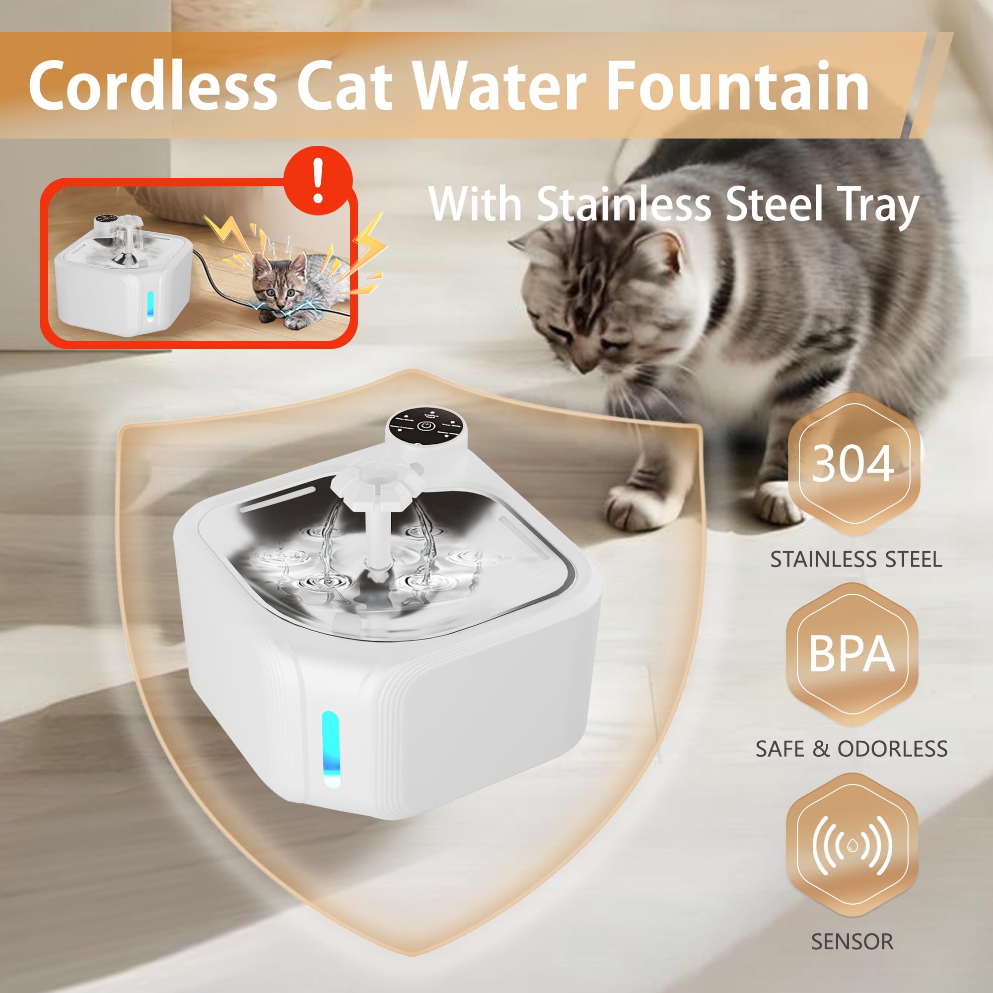 Cat Water Fountain With 4 Pack Replacement Filters 108Oz/3.2L Pet Water Fountain Battery Operated With Stainless Steel Tray Auto