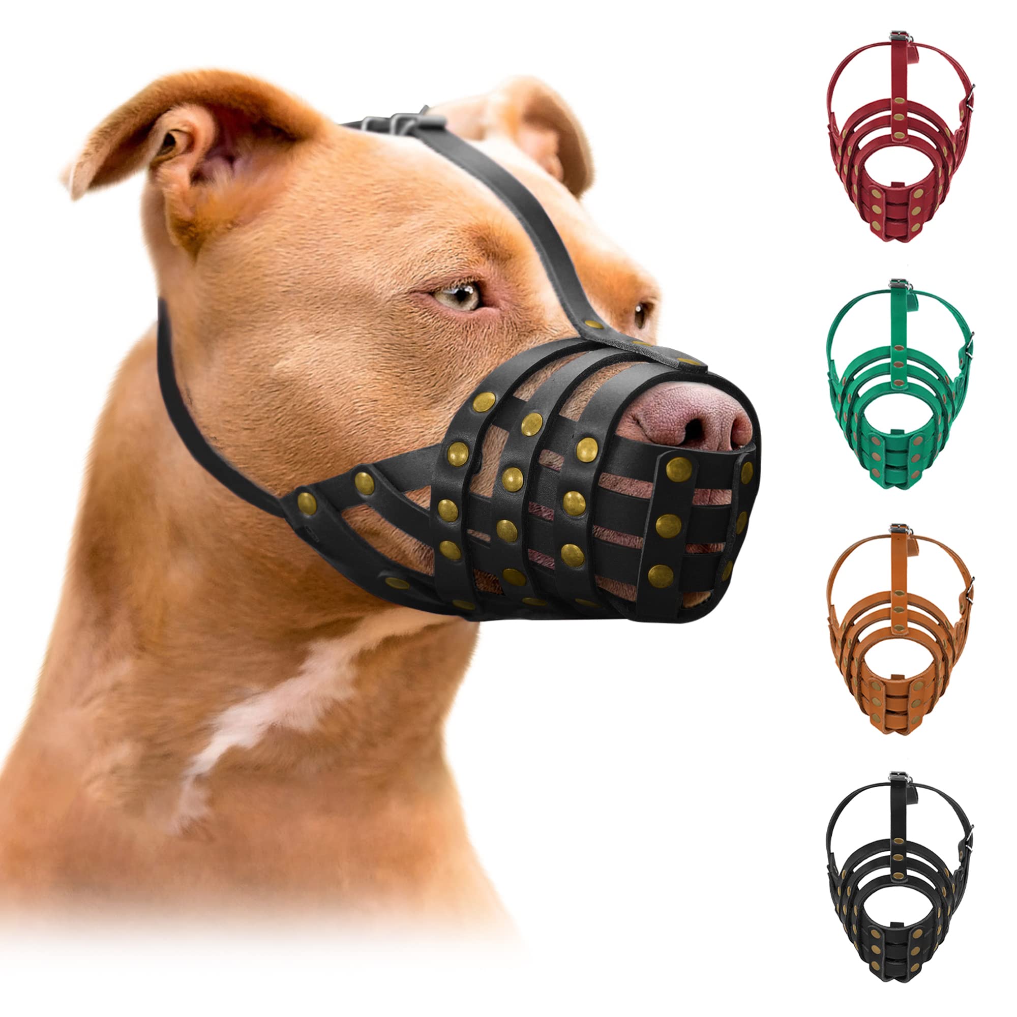 MUROM Pitbull Dog Muzzle Leather Amstaff Staffordshire Terrier Breathable Basket with Adjustable Straps Black Brown Green Red (B