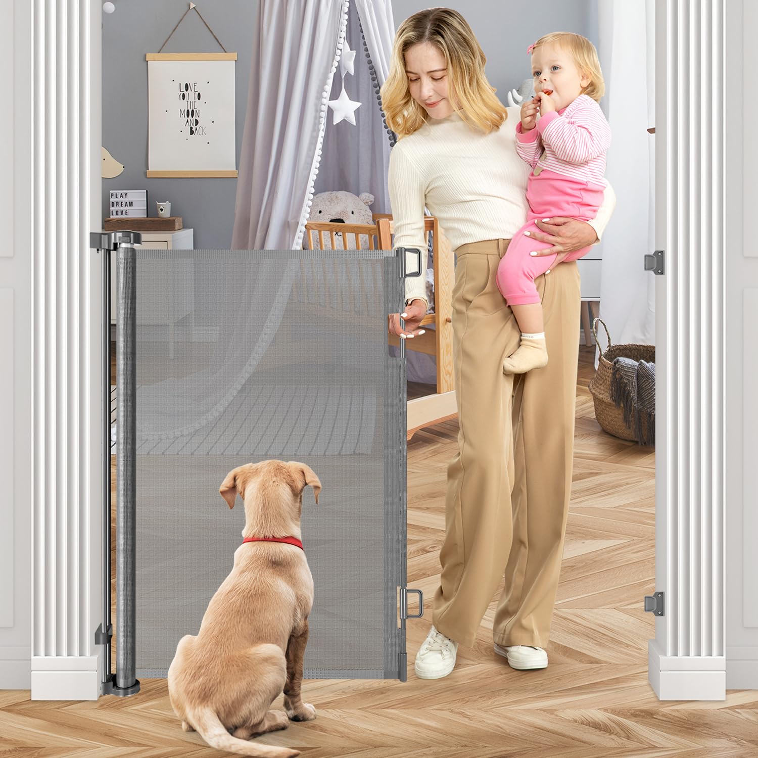 42 Inch Extra Tall Baby Gate for Kids 55'' Wide Retractable Baby Gates Extra Tall Retractable Dog Gates for The House Extra Tall