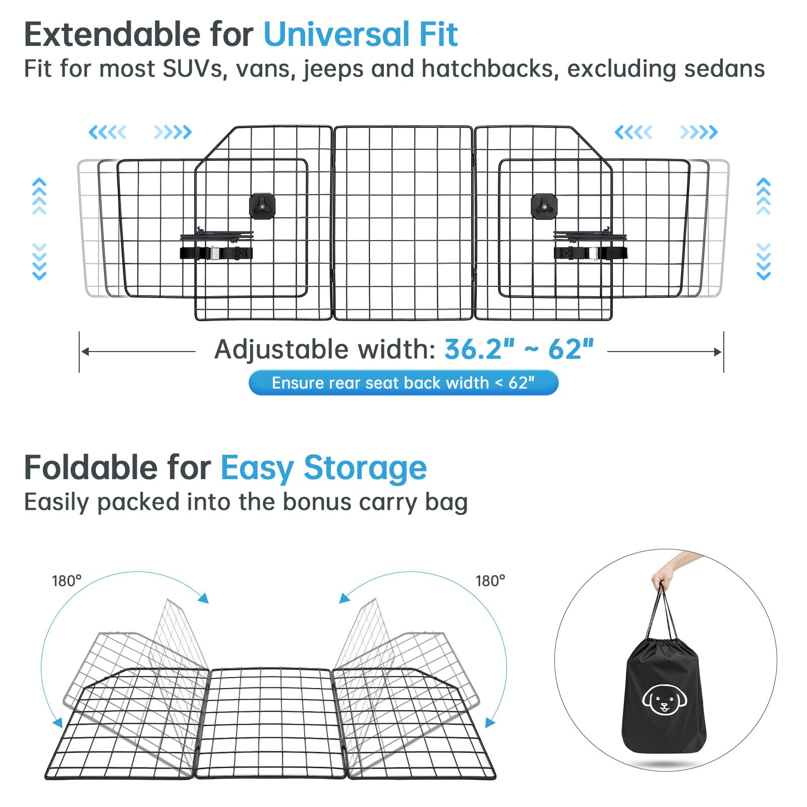 Vetoos Car Suv Dog Barrier, Vehicles Pet Divider For Trunk Cargo Area - Foldable For Easy Storage, Extendable For Universal Fit, Straps & Bungee Cords For Double Stability