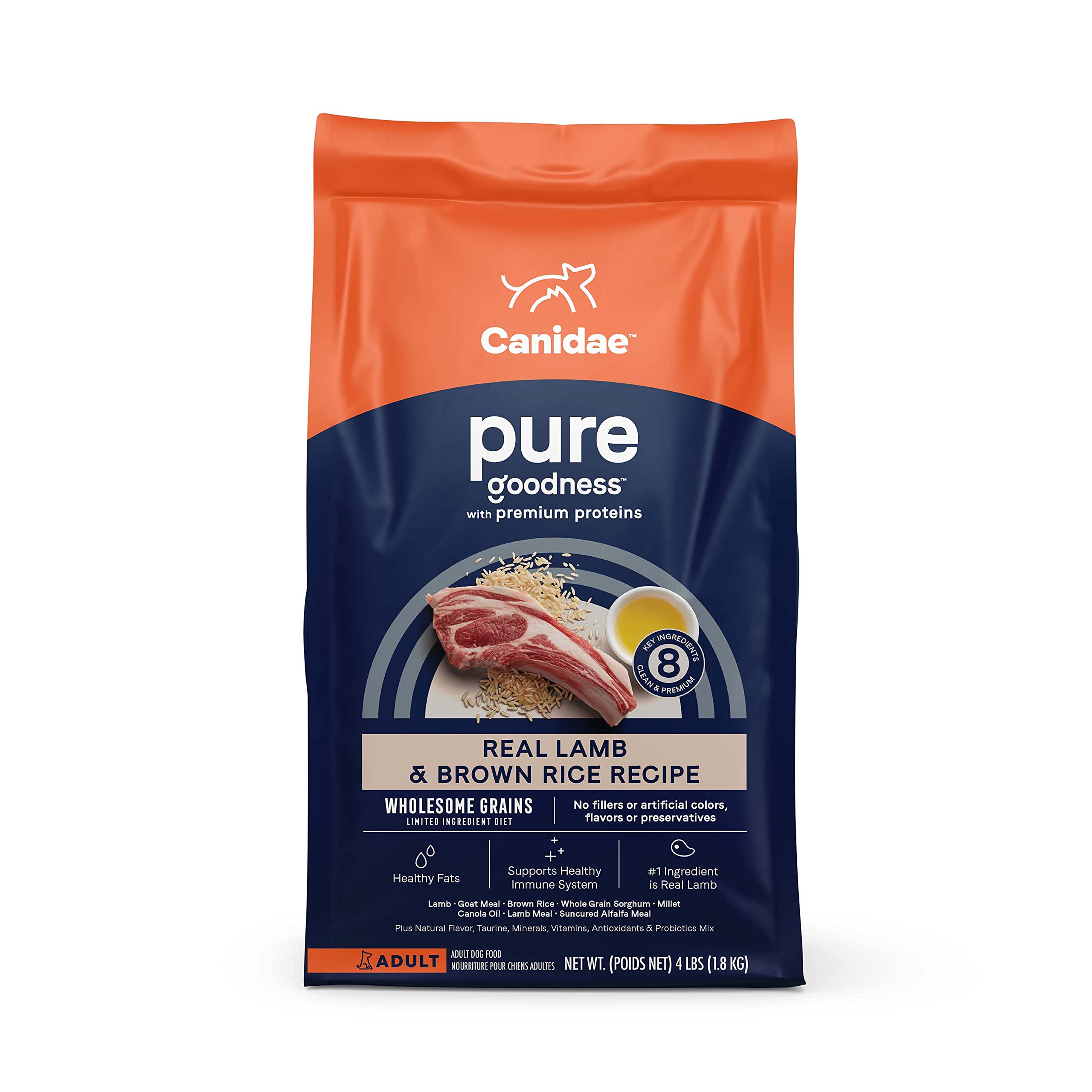 CANIDAE Pure Limited Ingredient Premium Adult Dry Dog Food, Lamb & Brown Rice Recipe, 4 lbs, with Wholesome Grains