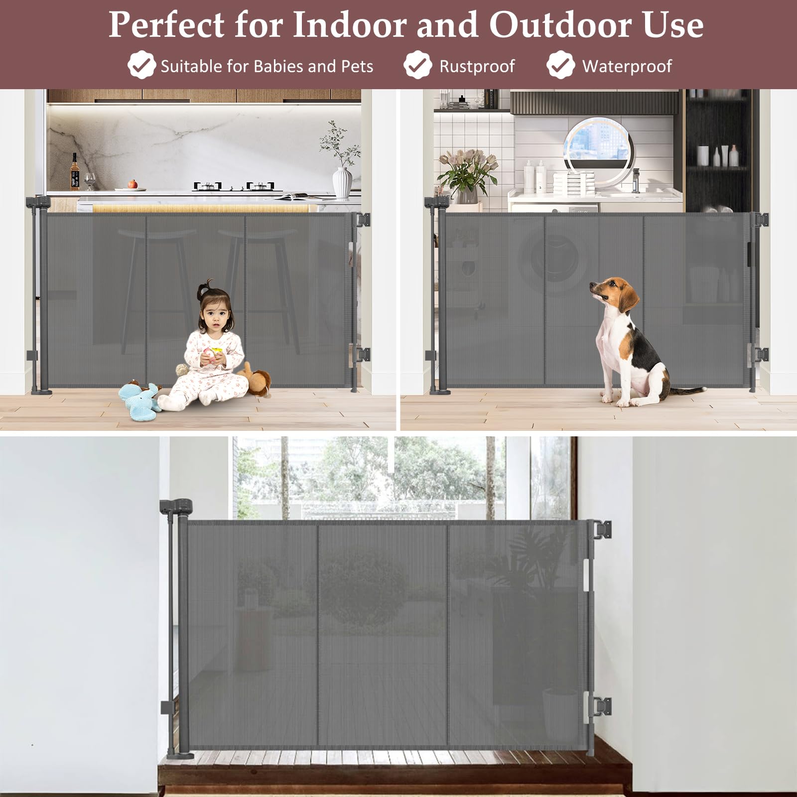 GRENFU Retractable Baby Gate - 41" Tall x 55" Wide, Gray, Extra Tall Indoor/Outdoor Pet Gate with Support Rods, Model TH-A147