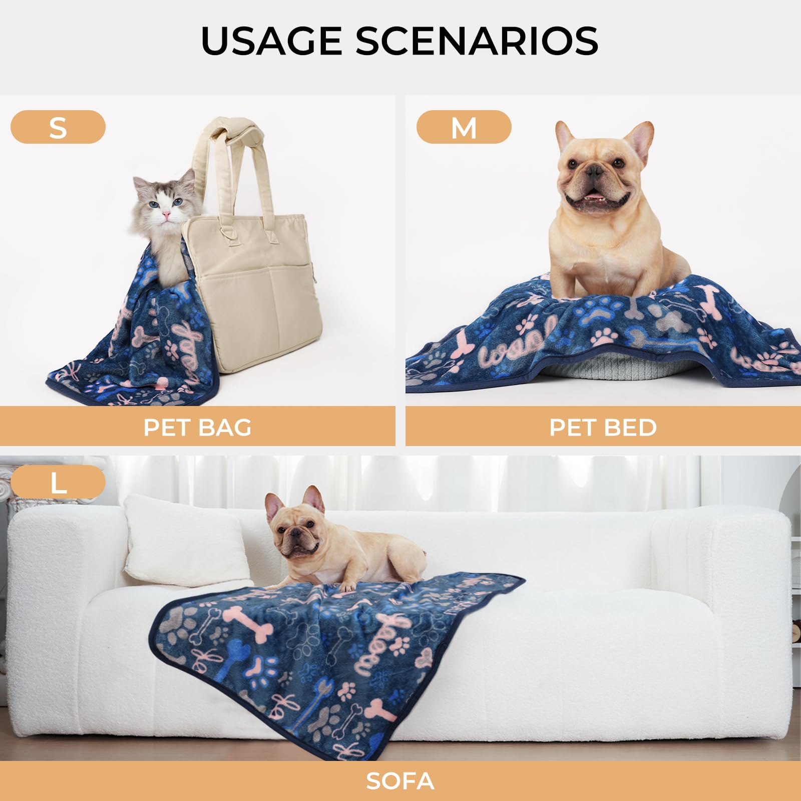 Luciphia 1 Pack 3 Blankets Fluffy Premium Fleece Pet Blanket Flannel Paw Bone Printed Throw For Dog Cat(Large 41'X31', Khaki/Blue/Navy)