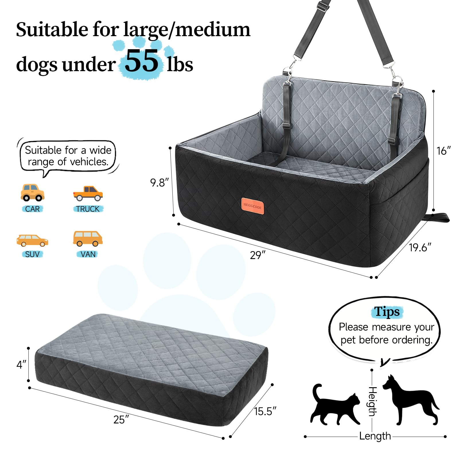 Heggcooe Dog Car Seat For Medium/Large Dogs, Dog Booster Car Seat For Dogs Under 55 Lbs Or 2 Small Dogs, Detachable & Washable P