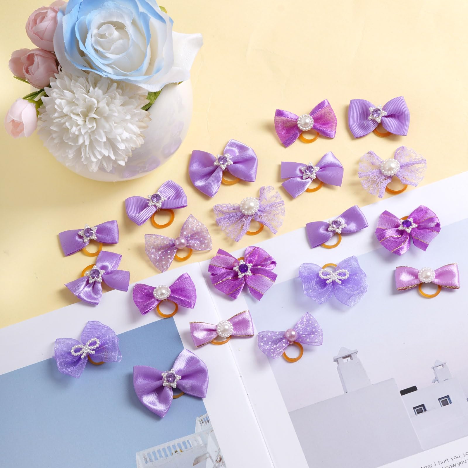 20 Pcs Cute Dog Hair Bows With Rubber Bands Elastic Handmade Mix Style Lace Rhinestone Pearls For Furry Puppy Cat Pet Girl, Purp