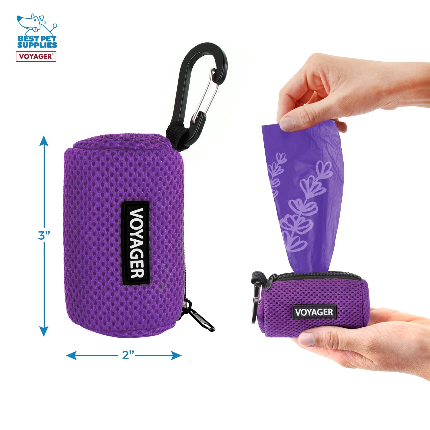 Best Pet Supplies Dog Poop Bag Holder Leash Attachment With 15 Bags, Purple, Reusable Mesh Dispenser Pouch For Travel, Walking,