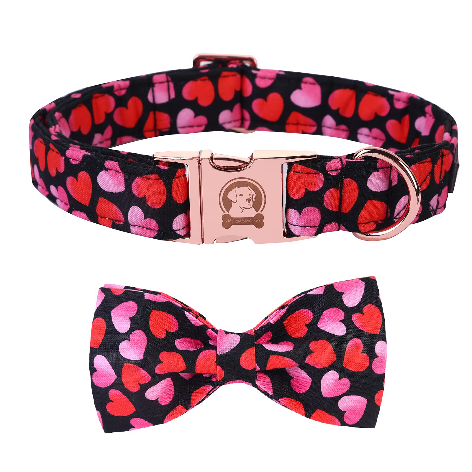 Mr. Chubbyface Valentine'S Dog Collar With Bowtie, Cute Black Heart Dog Collar With Metal Buckle, Adjustable Cotton Collar For S