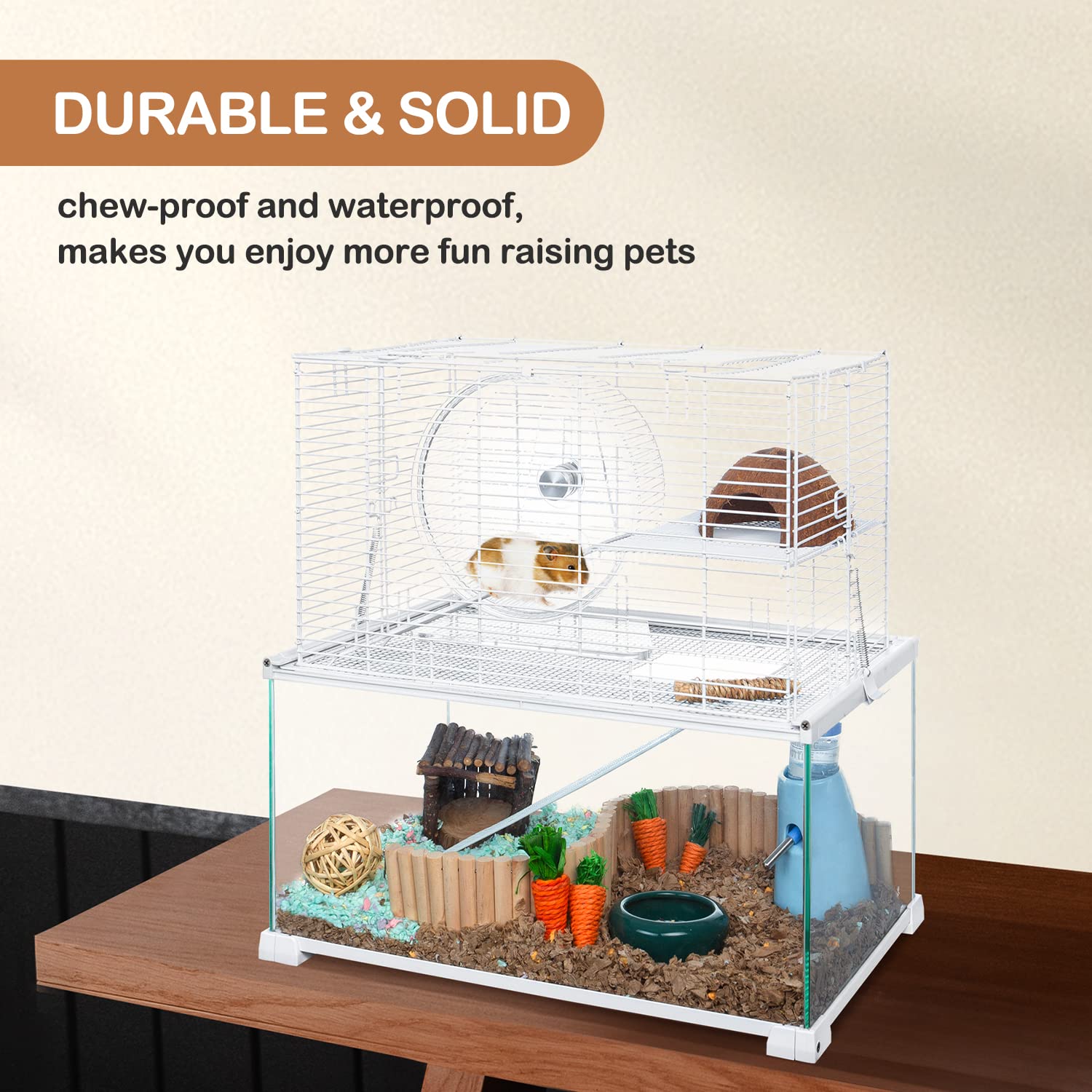 Oiibo 3 Tiers Large Hamster Cages Glass, Heightened Wire Topper With Two Shelf And Two Ladders Ramps, Openable Top, Easy To Clea