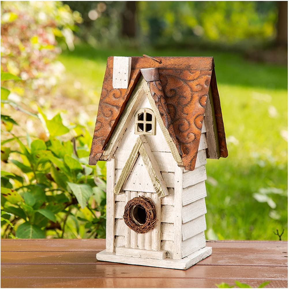 Glitzhome 12  H Washed White Distressed Solid Wood Cottage Birdhouse Hanging Bird House for Outdoors