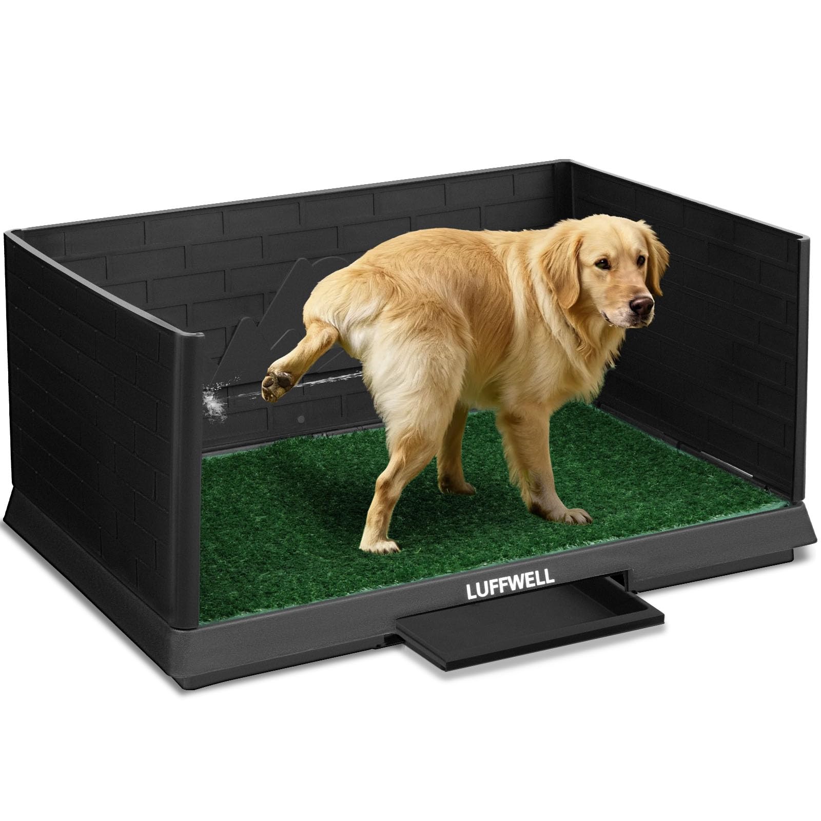 LUFFWELL Dog Grass Pad with Tray & Drawer, Indoor Dog Potty Training System, 2 Reusable Turf Pads, 3 High Walls for Splash Prote