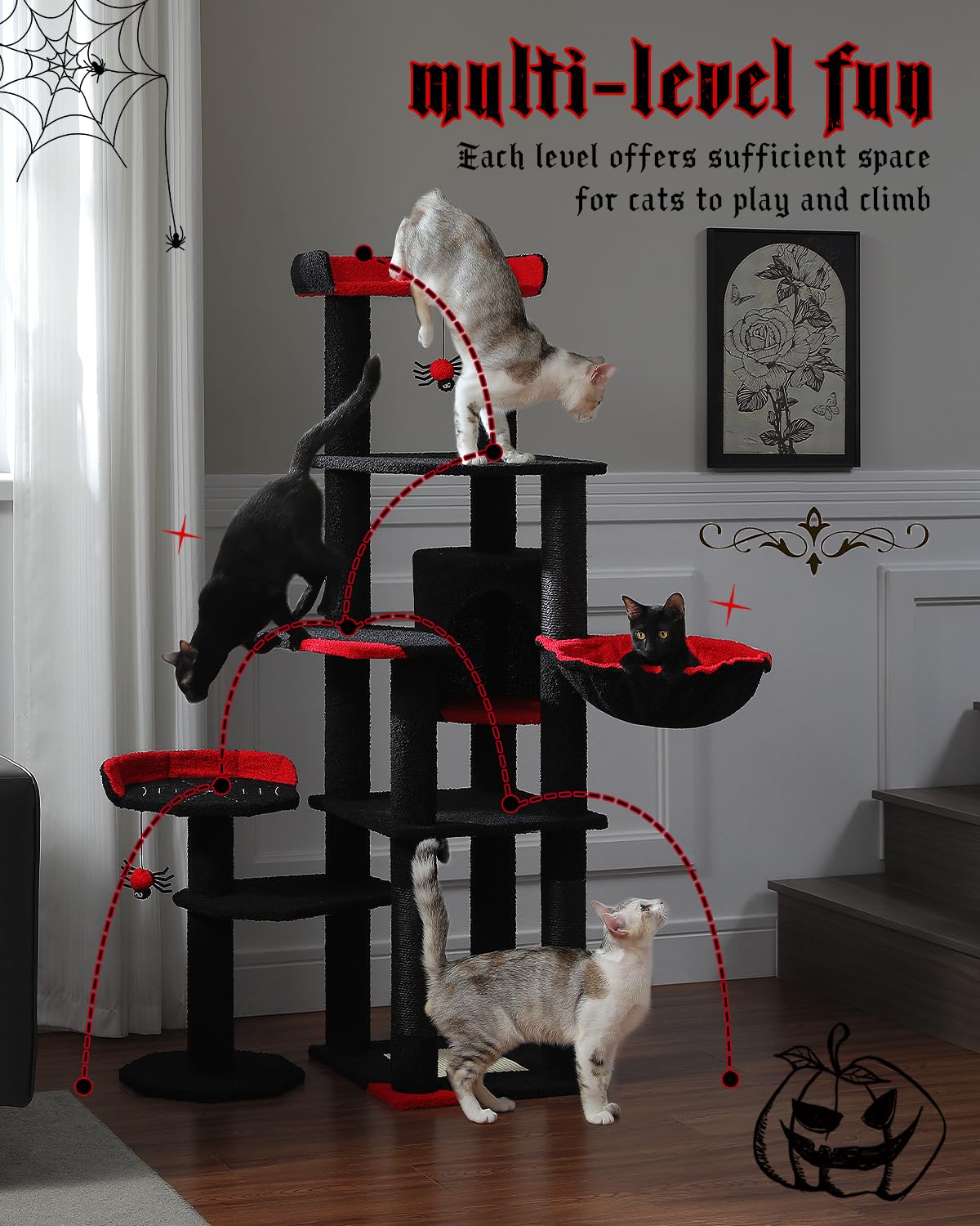 Muttros 59'' Gothic Cat Tree With Coffin Bed-Black Cat Tower For Indoor Cats With Spacious Cat Condo & Cozy Hammock, Spider Hang