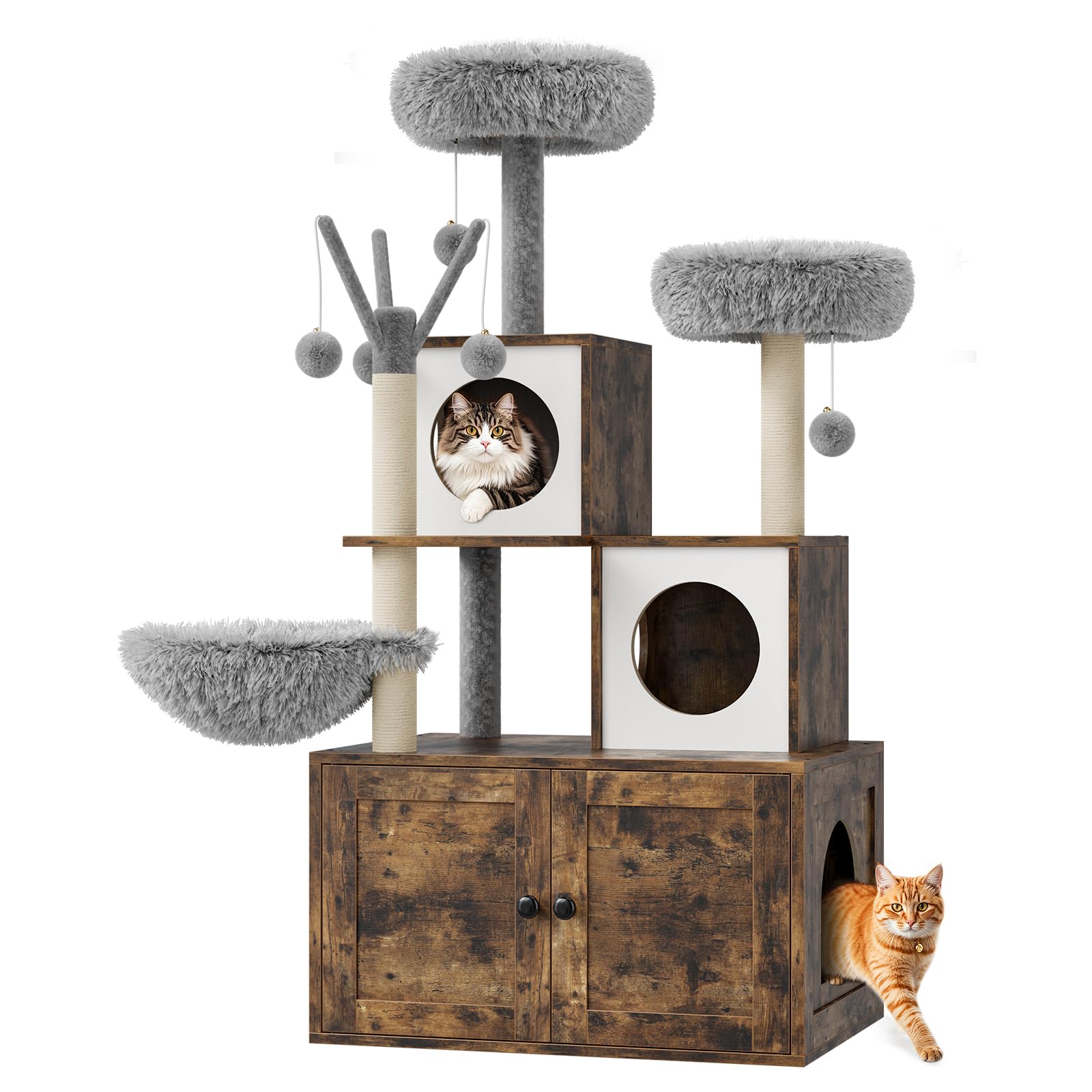 57.5-Inch Cat Tree with Litter Box Enclosure 2-in-1 Modern Cat Tower with Cat Condo/Hammock/Scratching Post/Plush Perch/Removabl