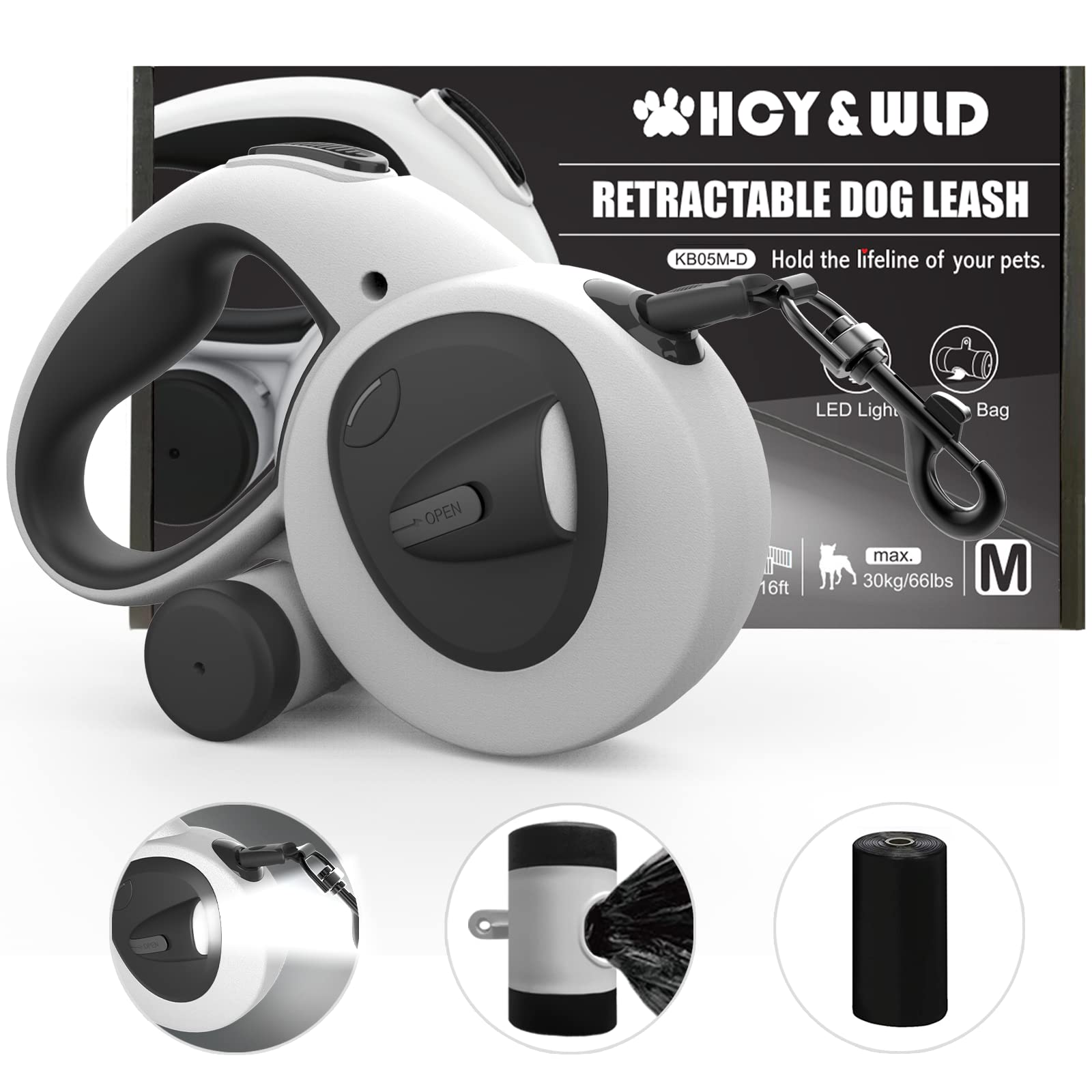 Hcy&Wld Upgrade 4-In-1 Retractable Dog Leash With Led Light & Dispenser & Poop Bags, 16 Ft Heavy Duty Dog Leash With Anti-Slip H