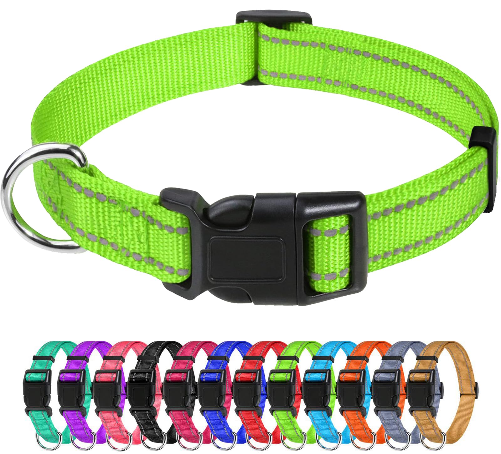 Tagme Reflective Nylon Dog Collars, Adjustable Classic Dog Collar With Quick Release Buckle For Small Dogs, Green, 5/8' Width