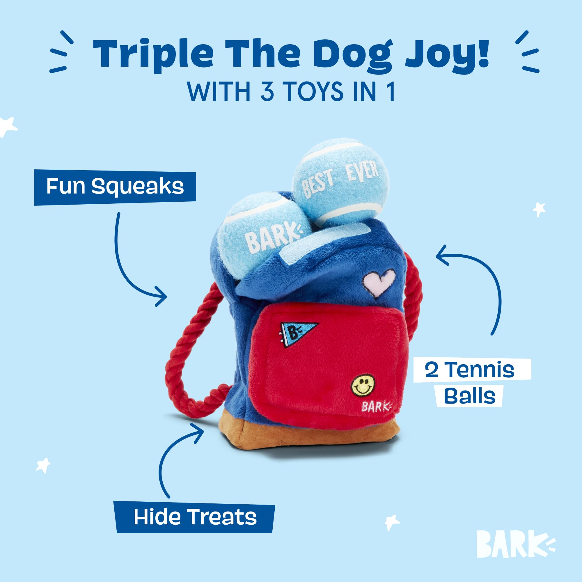Barkbox Squeaker Ball Toys - Interactive Tennis Balls for Fetch & Training - Medium/Large Dog Plush Toys (2-in-1 Janspup Backpack)