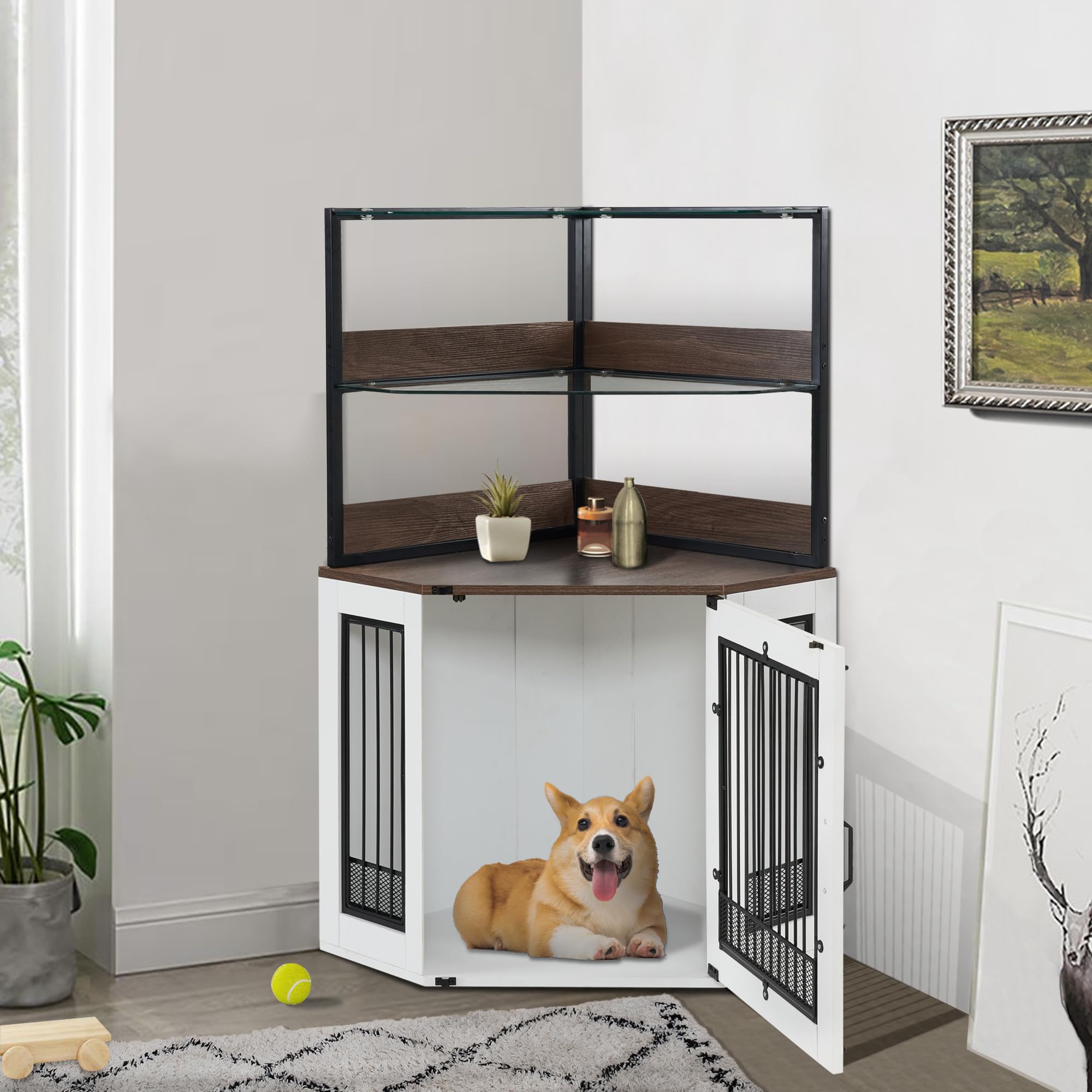 MCombo Small Corner Dog Crate Furniture with Glass Shelves, Wooden Dog Kennel Furniture with Door, Pet Crate Indoor Use, CN17 (W